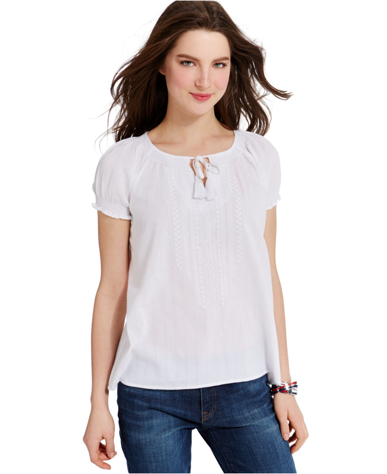 Tommy hilfiger Embroidered Gauze TieNeck Peasant Top in White Lyst