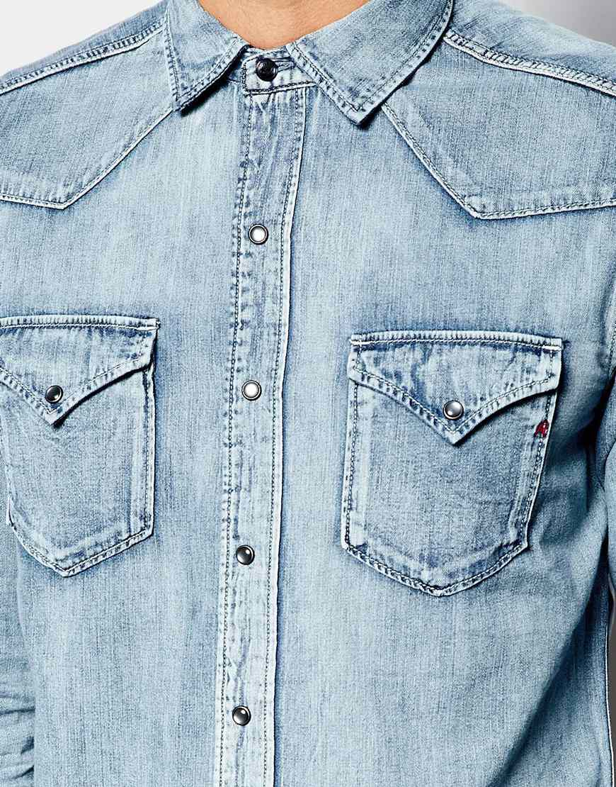 Lyst - Replay Denim Shirt Bleach Wash Western in Blue for Men