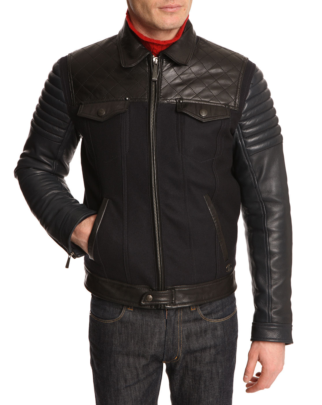 Just Cavalli Navy Dualfabric Wool and Leather Jacket in Blue for Men ...