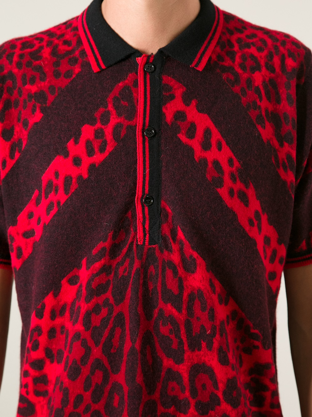 red shirt with leopard sleeves