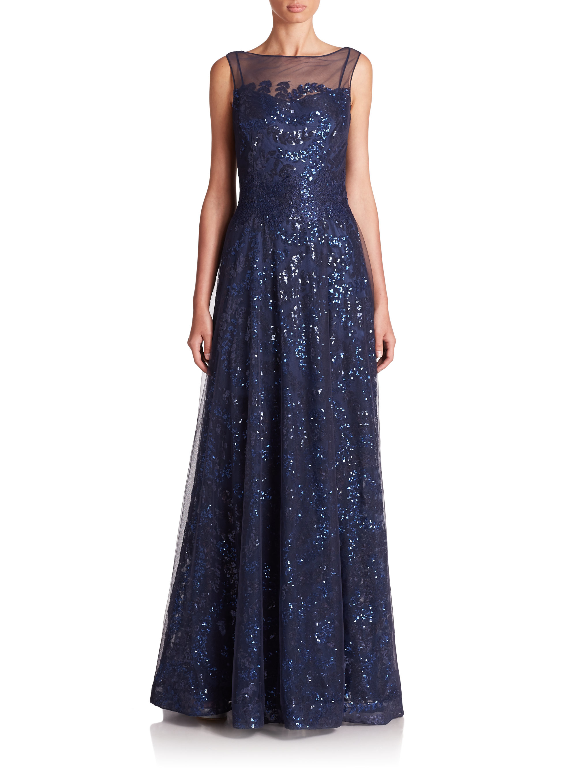 Teri Jon Sequined Illusion Gown in Blue - Lyst