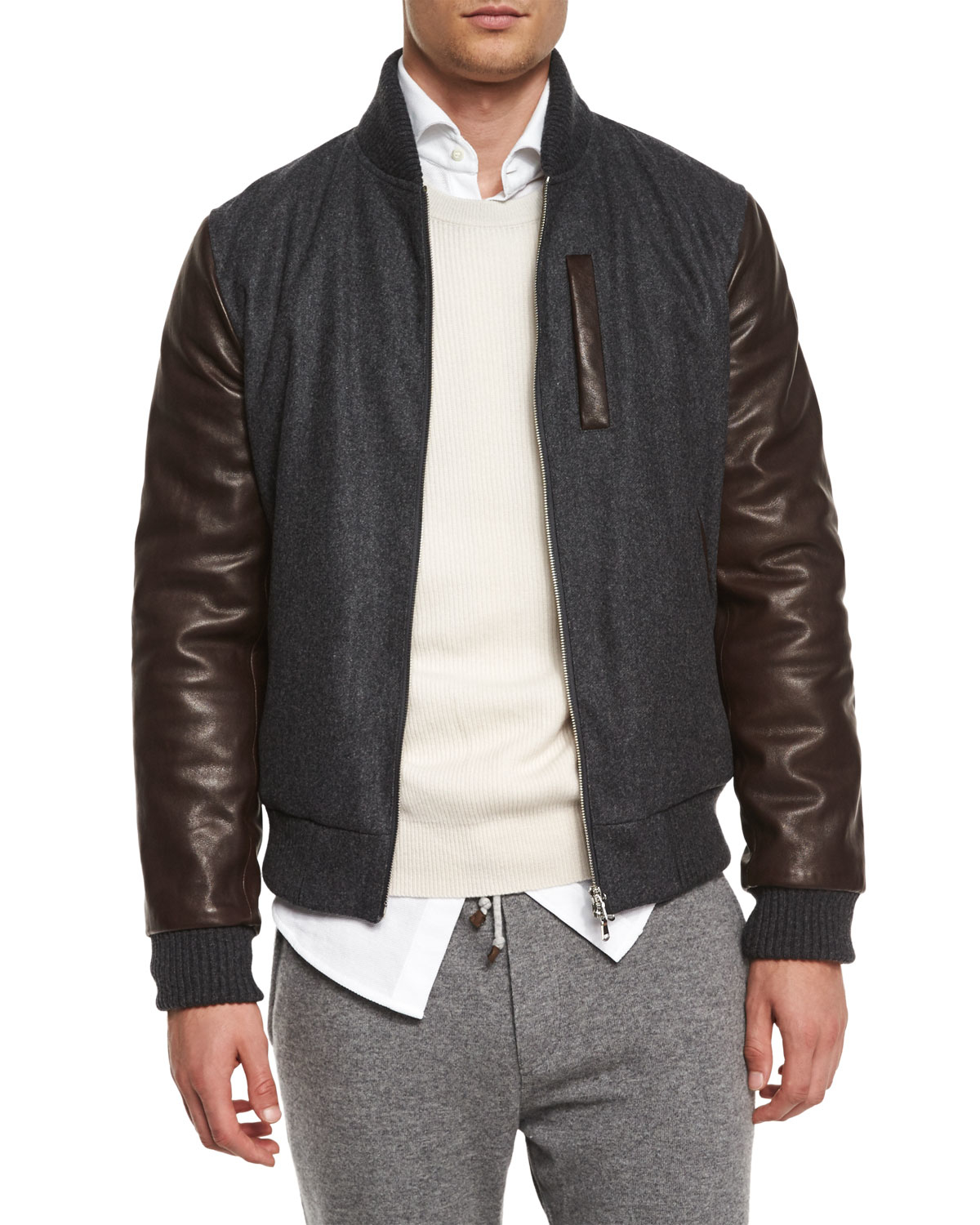 Lyst - Brunello Cucinelli Mixed-media Wool Bomber Jacket in Gray for Men