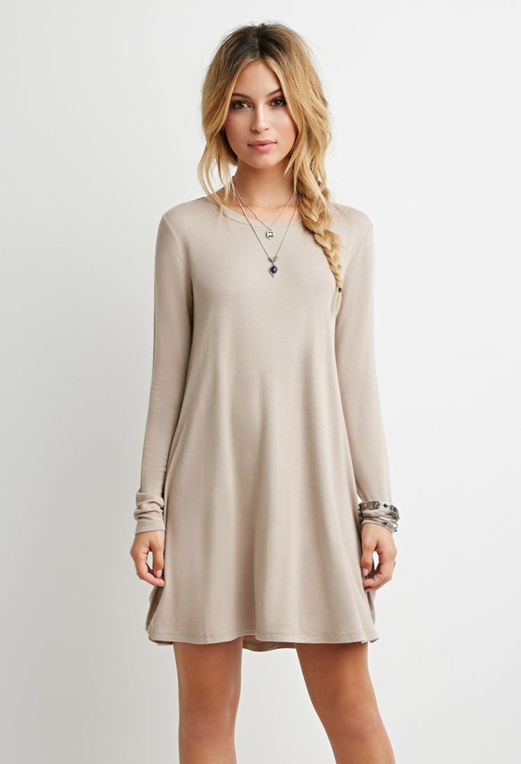 forever 21 french terry trapeze dress in taupe brown  lyst