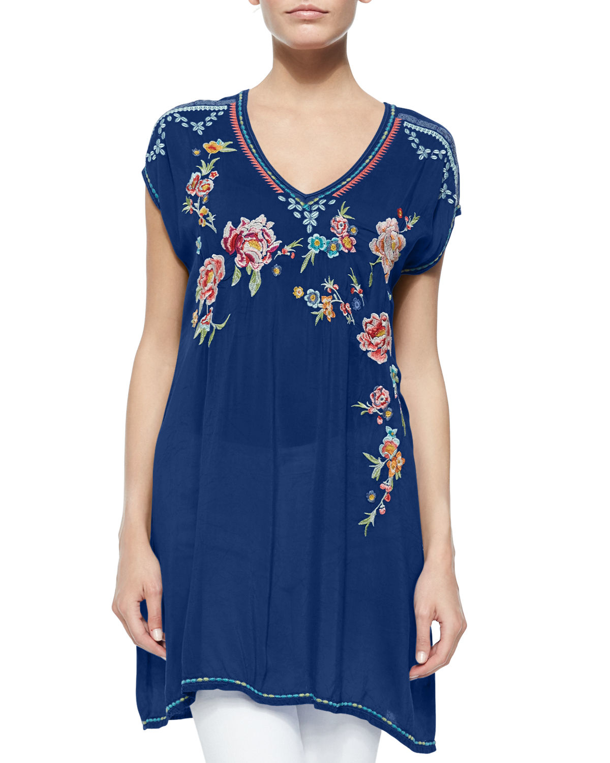 Johnny was Carmen Floral-Embroidered Tunic in Blue (BLUE BIRD) | Lyst