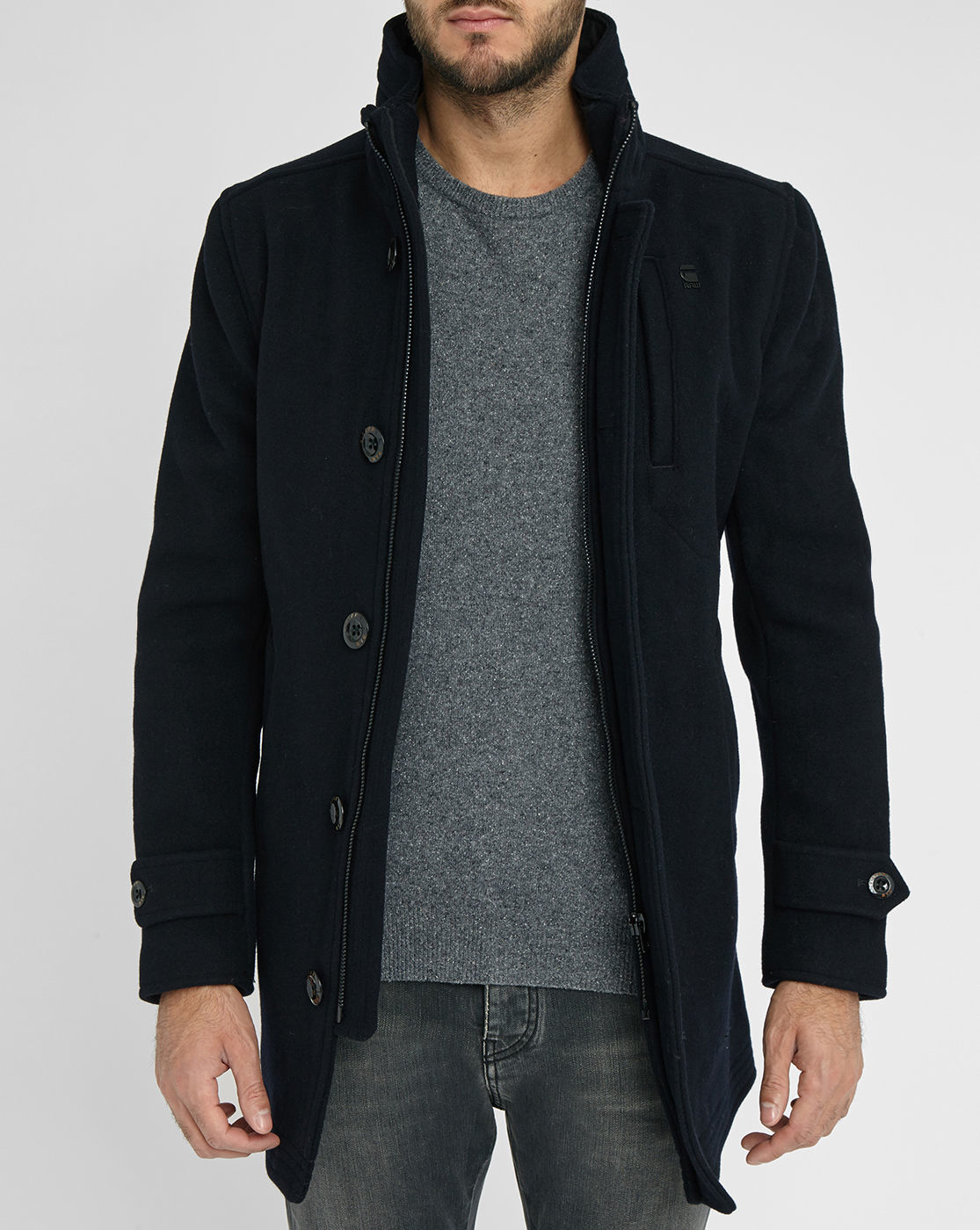 Gstar raw Navy Standing Collar Wool Garber Trench Coat in Blue for Men