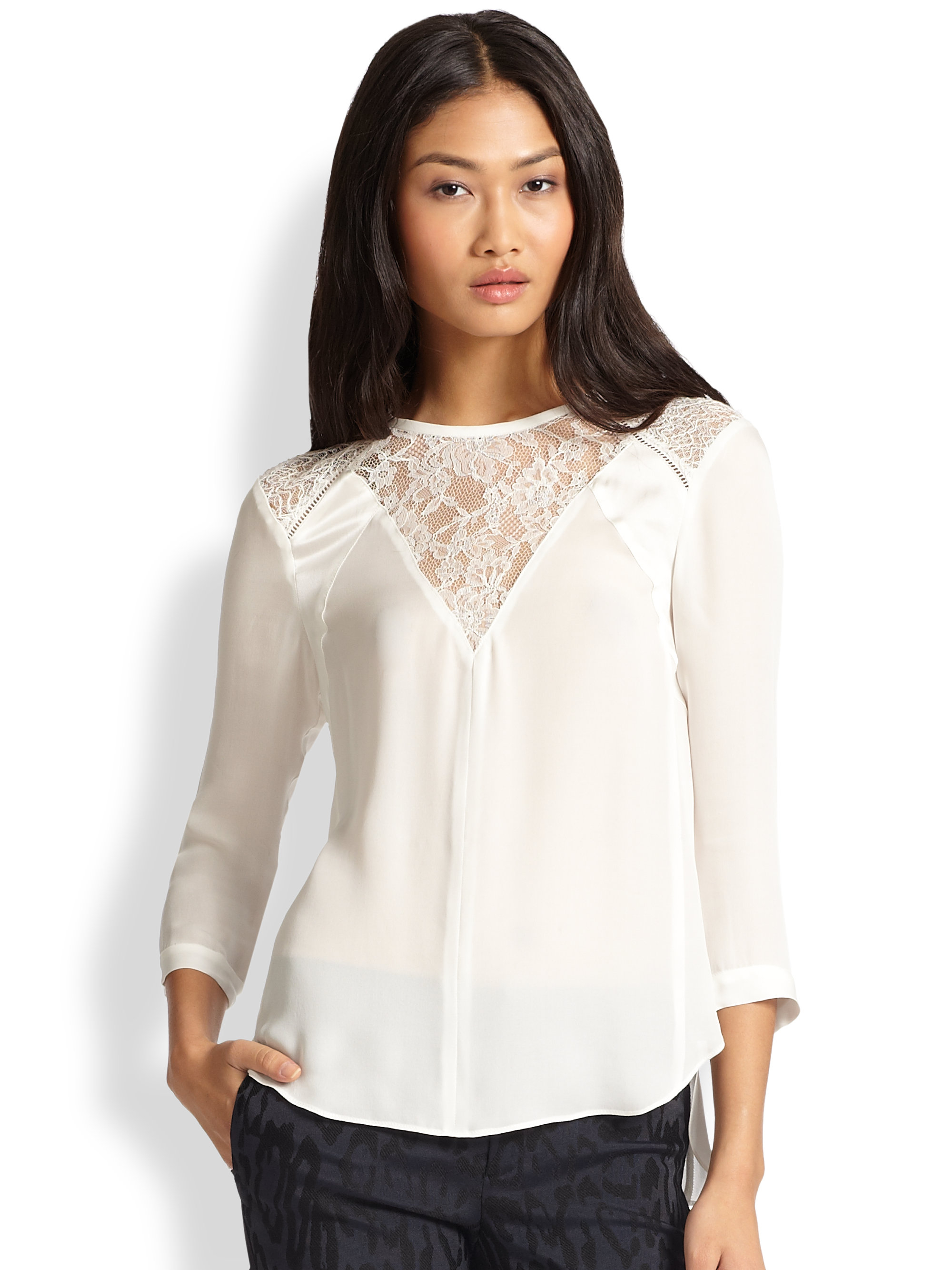 Lyst - Rebecca Taylor Lace-Paneled Silk Blouse in White