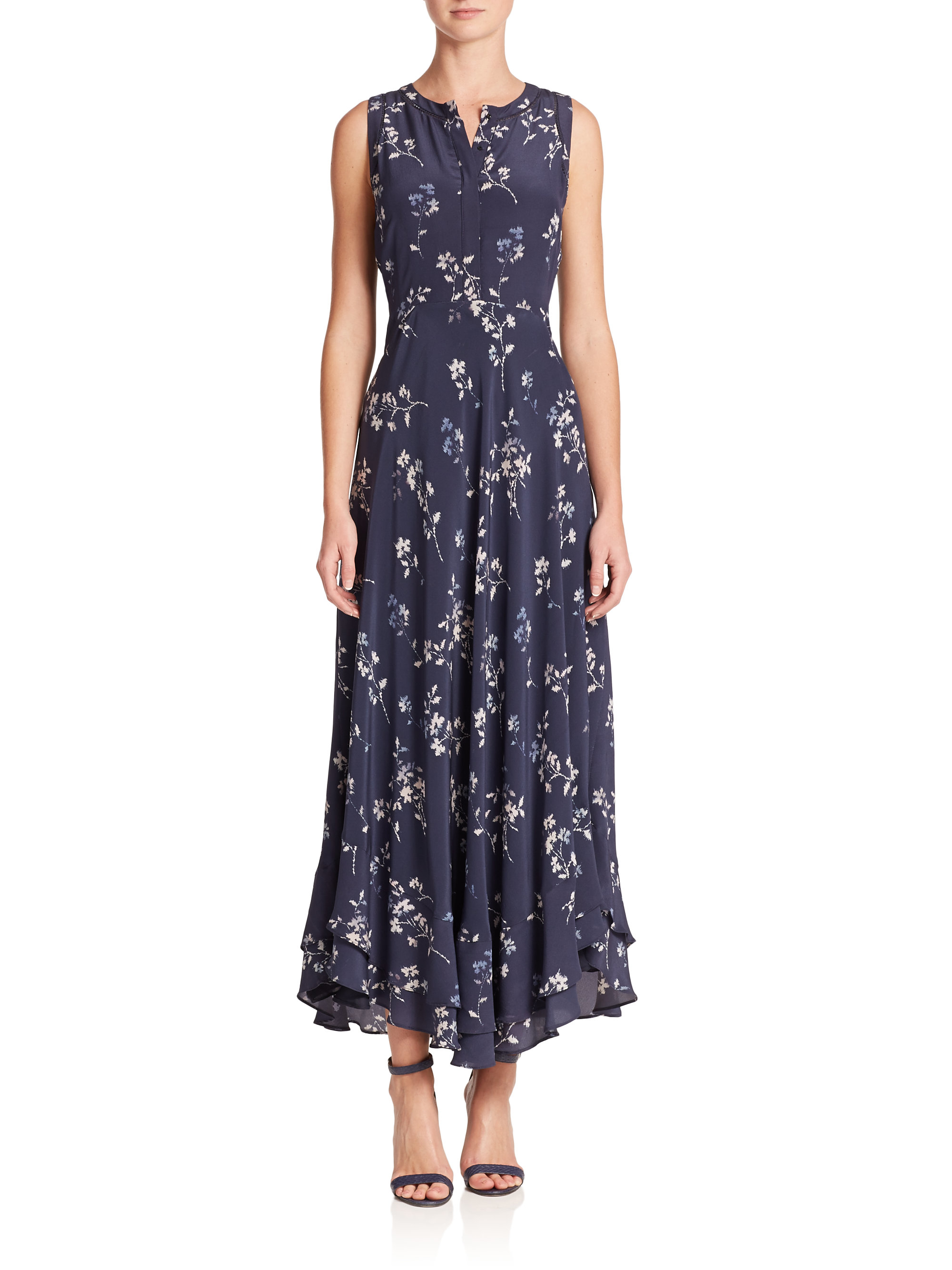Lyst - Rebecca Taylor Silk Floral-print Ruffle Maxi Dress in Blue
