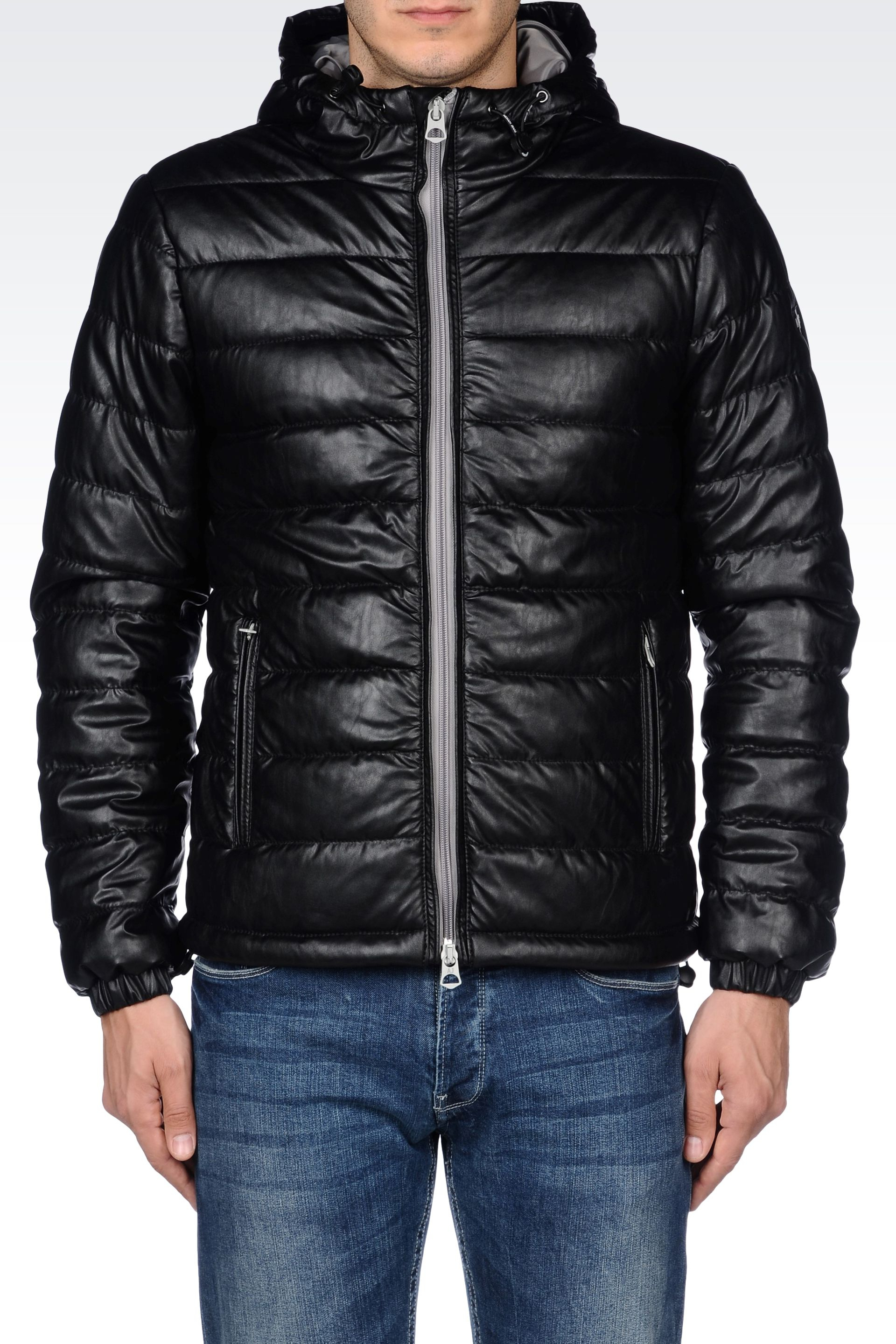 Lyst - Armani Jeans Down Jacket In Faux Leather With Contrasting ...