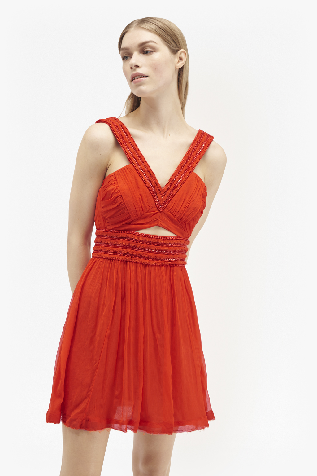 red embellished gown