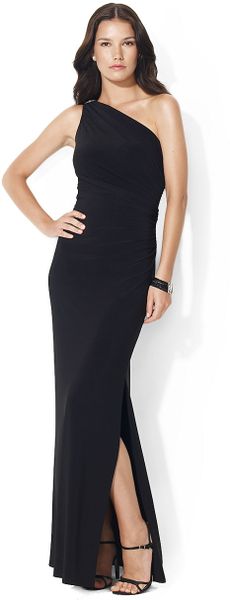 Lauren By Ralph Lauren One Shoulder Brooch Gown in Black | Lyst