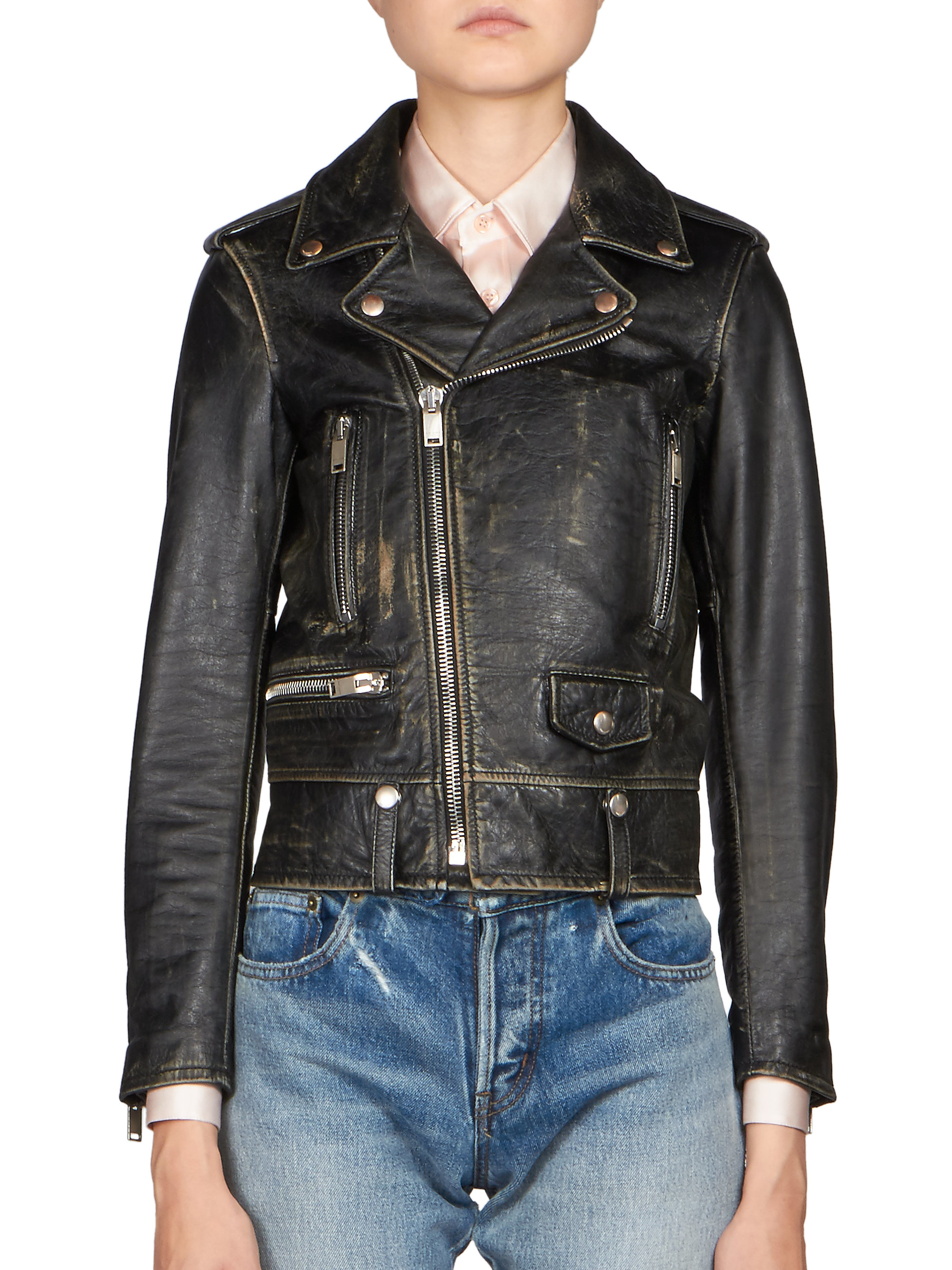 Lyst Saint Lau Distressed Leather Biker Jacket In Black Gallery