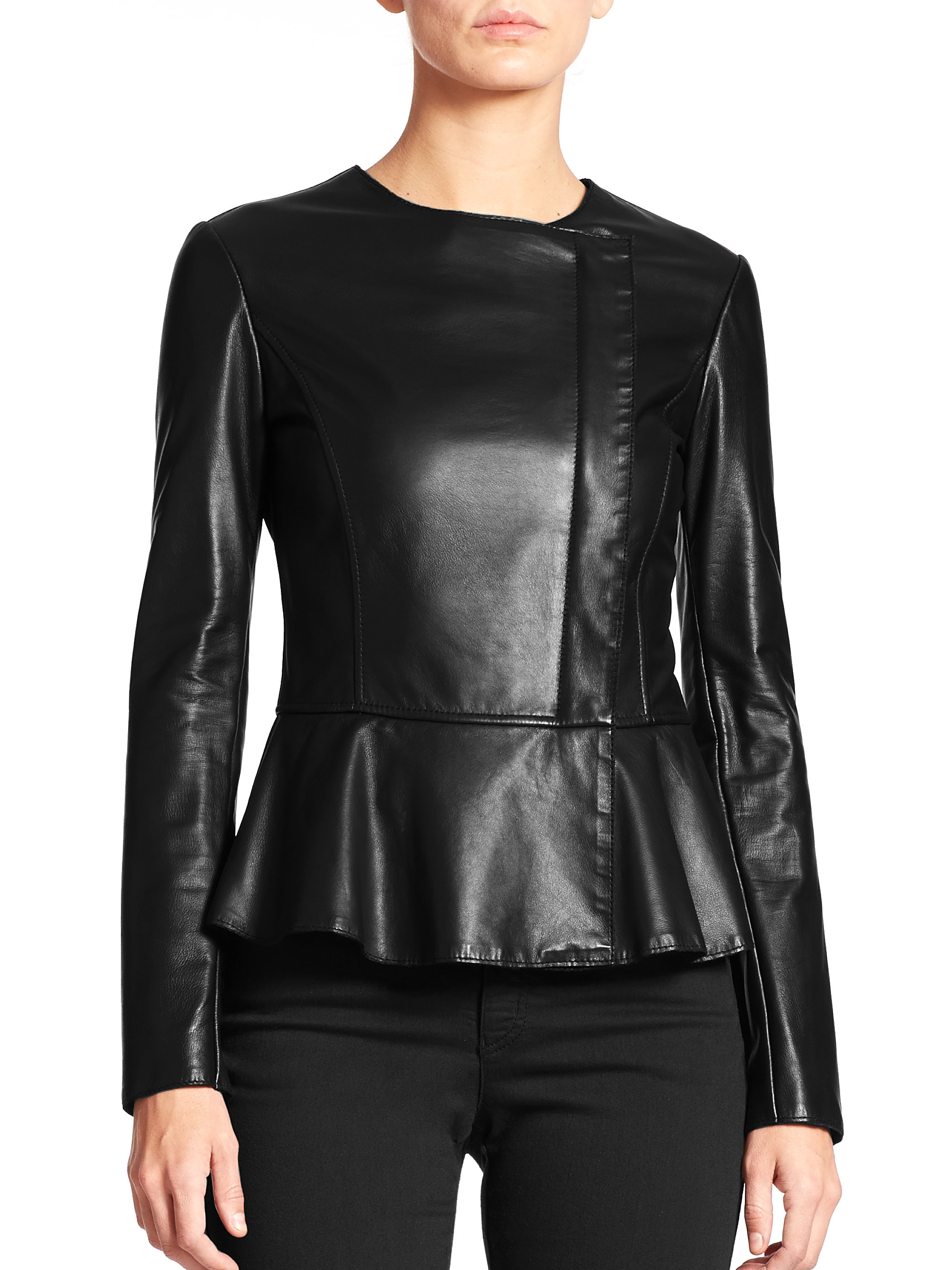 Armani Leather Peplum Jacket in Black | Lyst