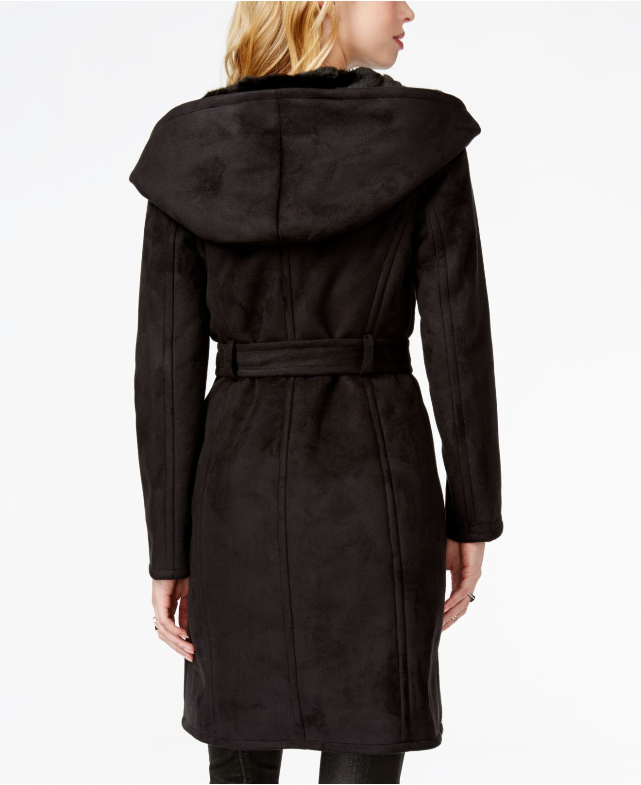 Guess Hooded Long Faux-shearling Coat in Black for Men | Lyst