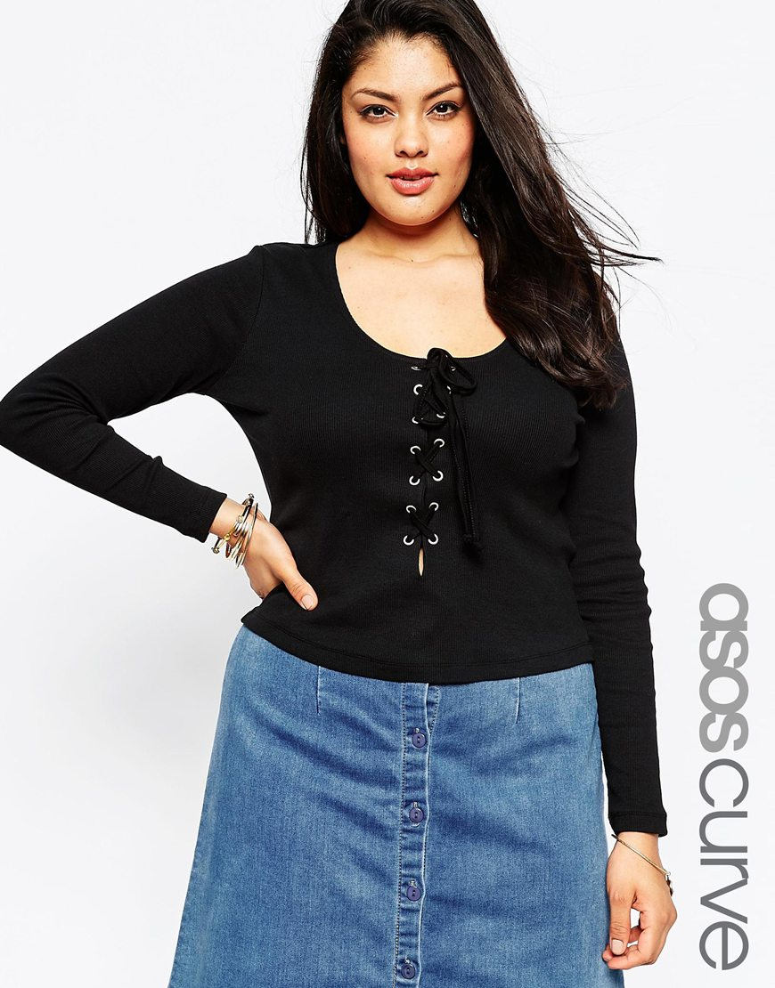 Lyst - Asos Top With Lace Up Front In Cotton Rib in Black