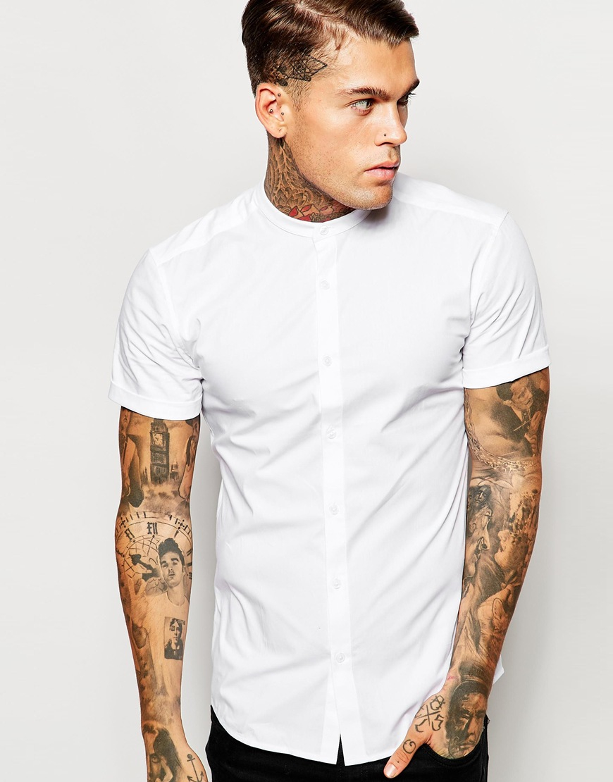 Asos Skinny Fit Shirt With Short Sleeves And Grandad Collar in White ...