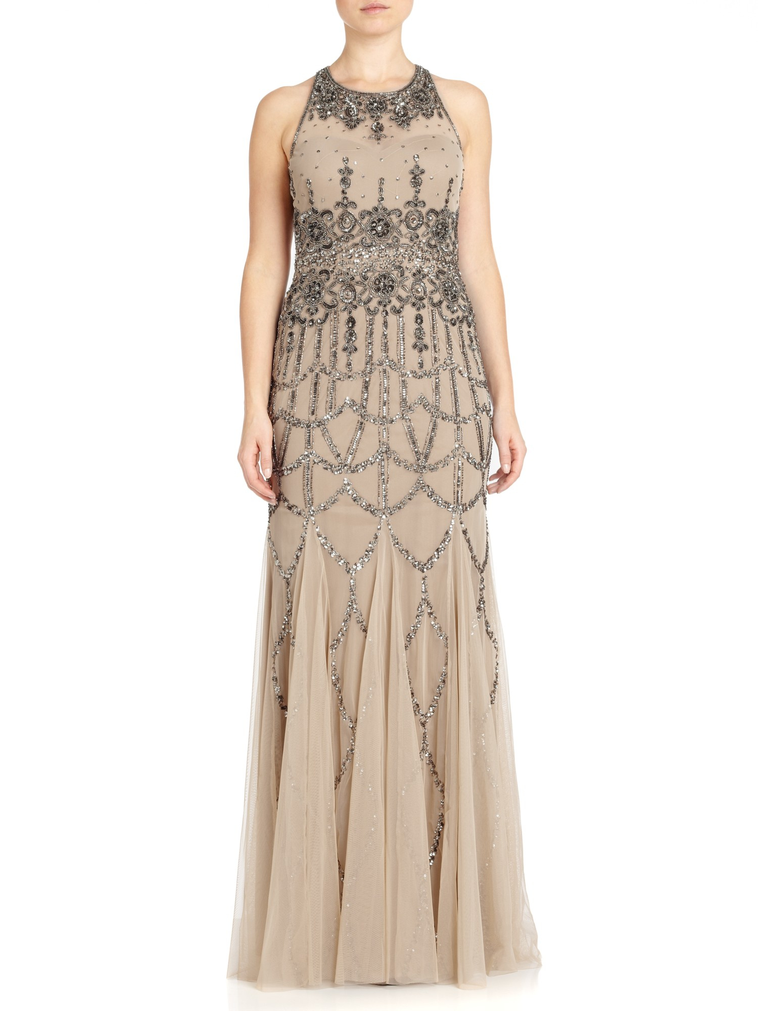 Adrianna papell Sleeveless Beaded Gown in Beige (nude) | Lyst