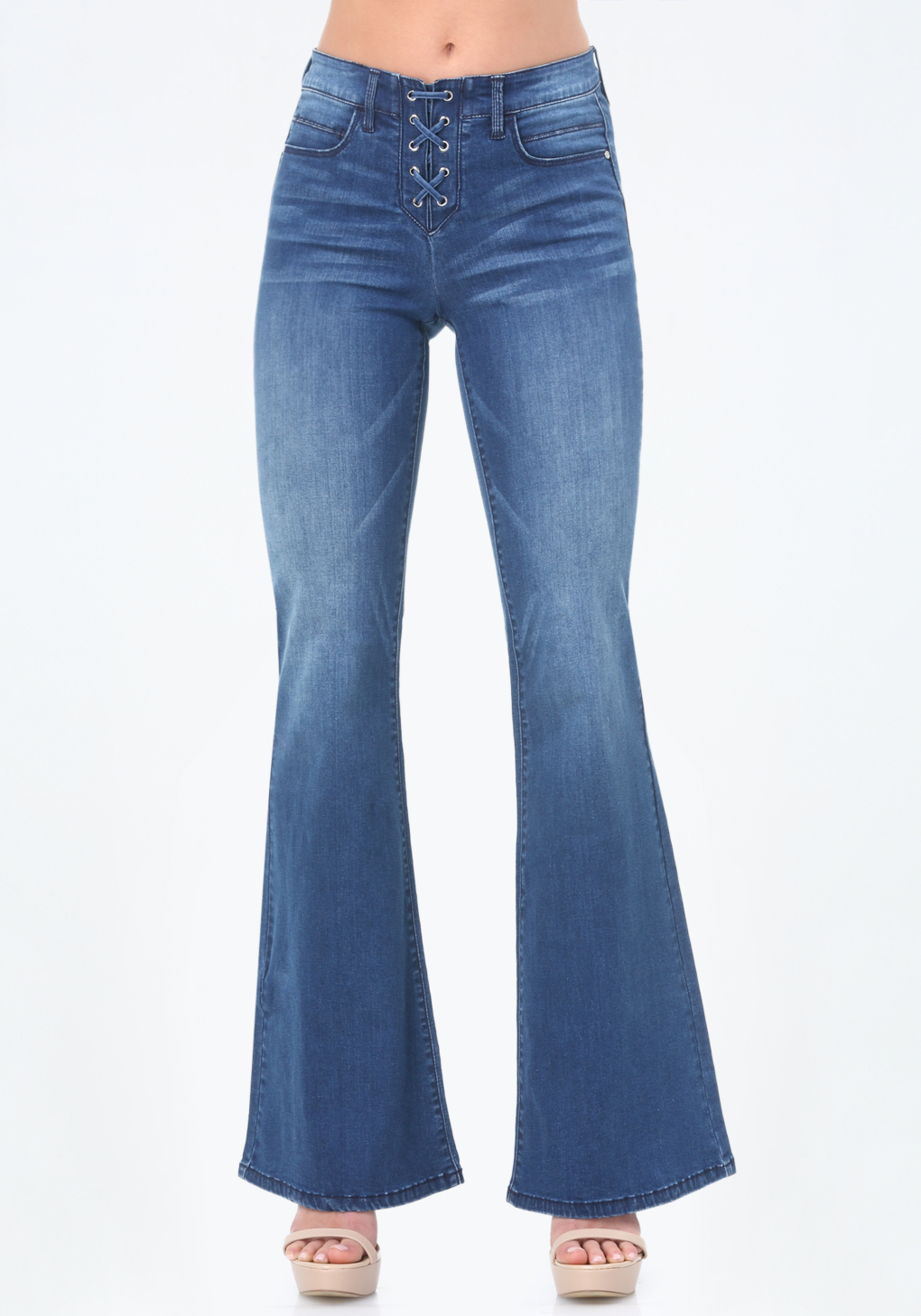 Bebe Lace Up Flared Jeans in Blue - Lyst