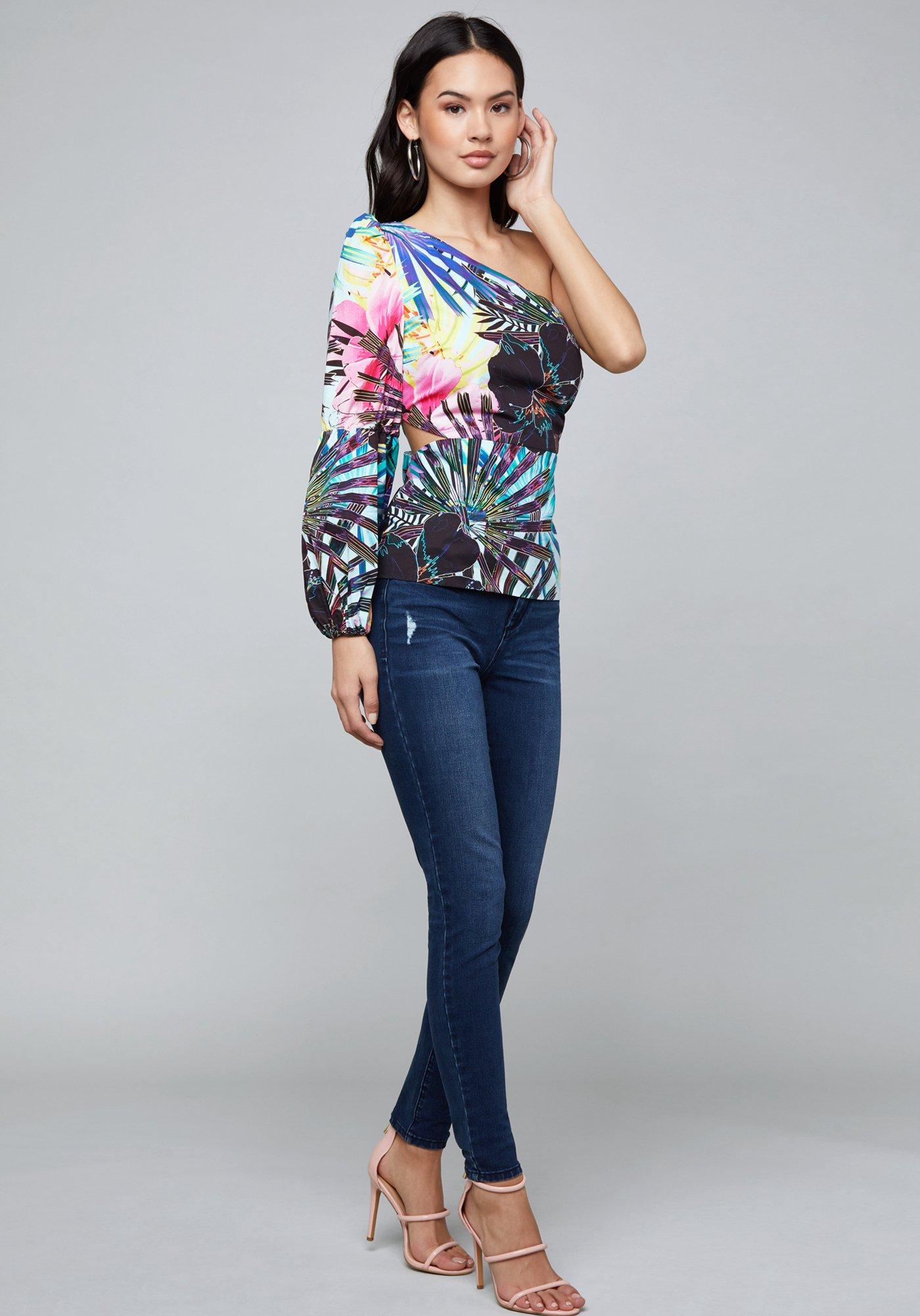 Bebe One Shoulder Top in Blue Lyst