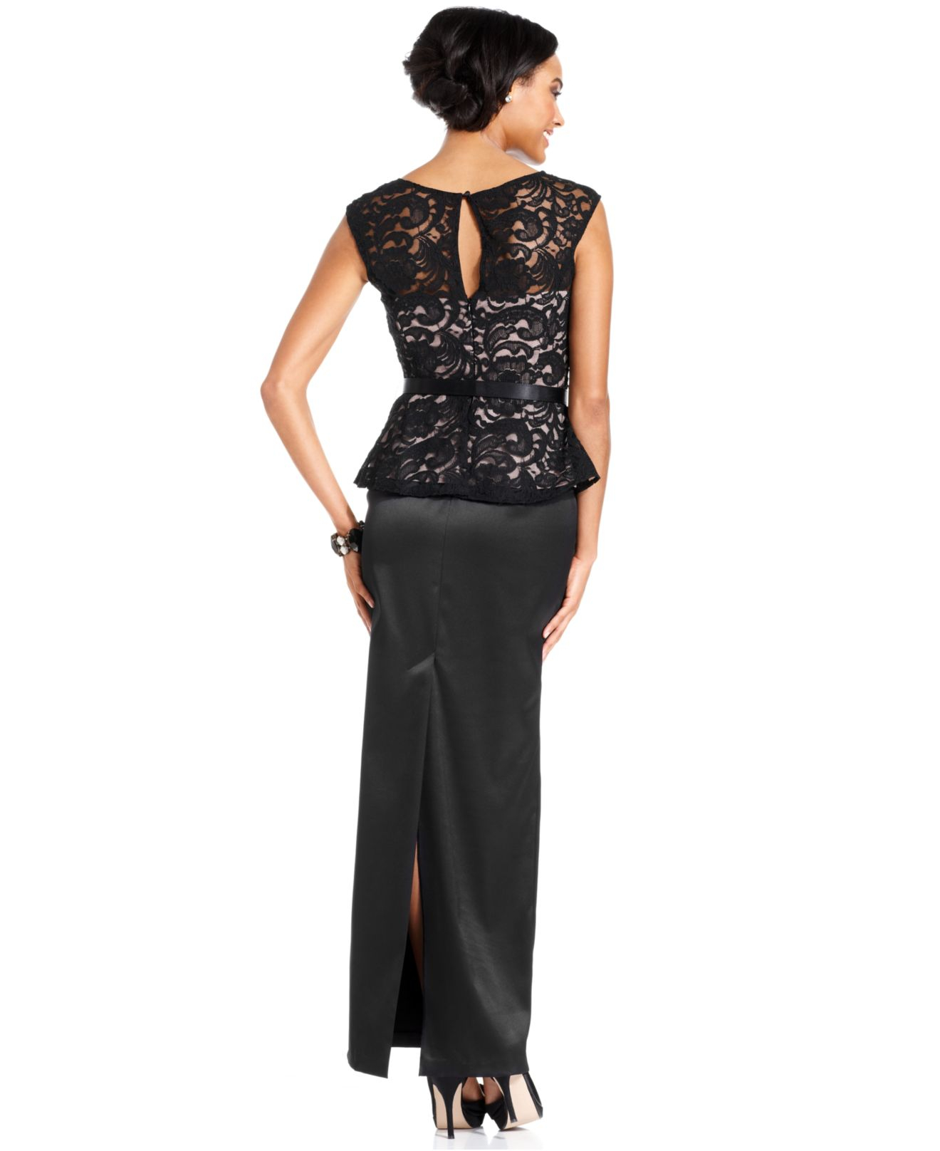 Lyst Xscape Dress Sleeveless Belted Peplum Lace Satin Gown In Black 