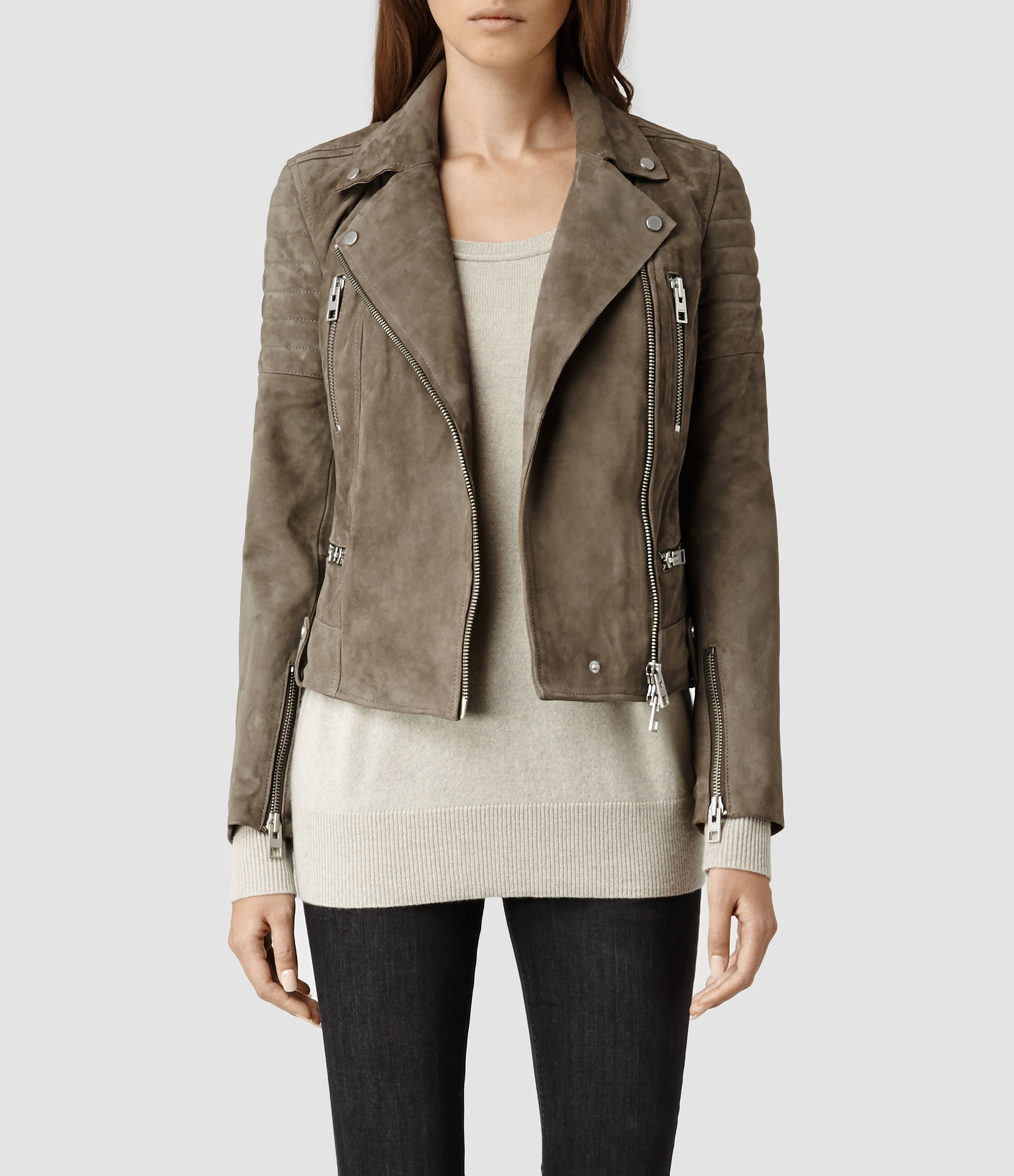 Allsaints Huxley Leather Biker Jacket In Gray Lyst Gallery Women S Linen Jackets