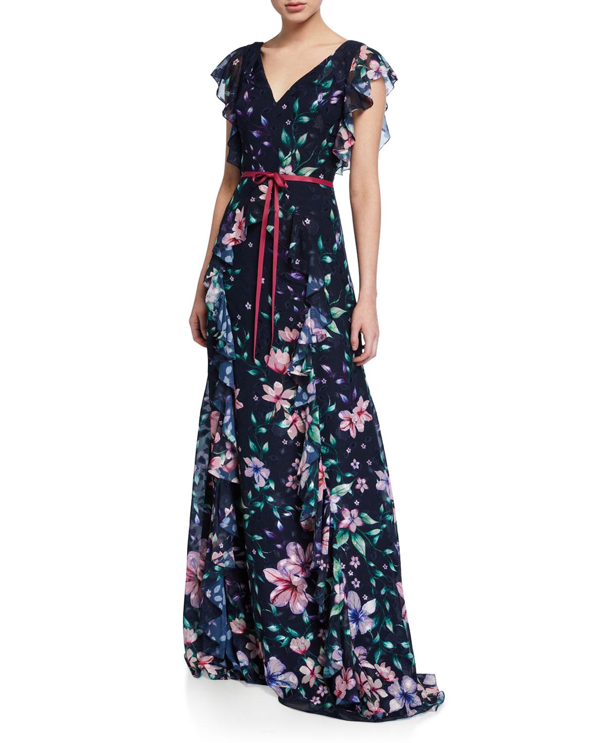 Marchesa notte Floral Jacquard Chiffon Gown in Navy (Blue) - Lyst