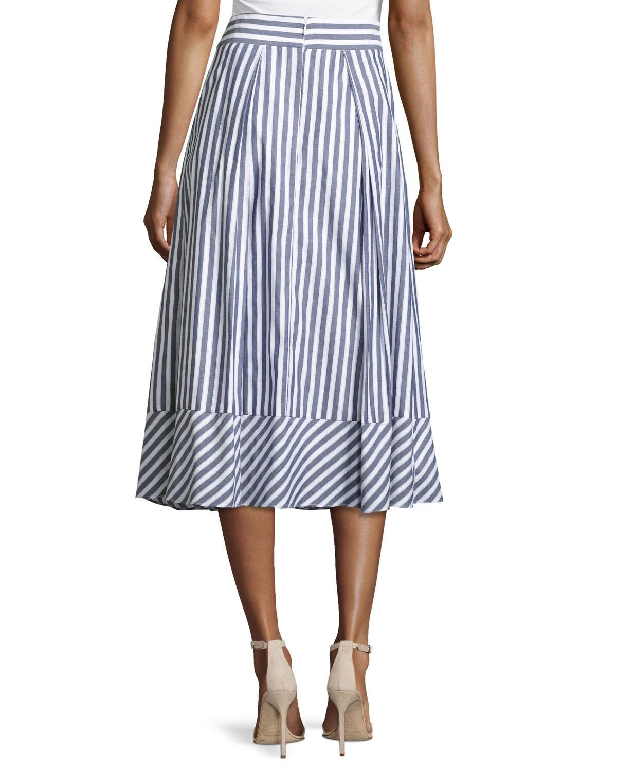 Lyst - Milly Pleated Striped Poplin Midi Skirt in Blue