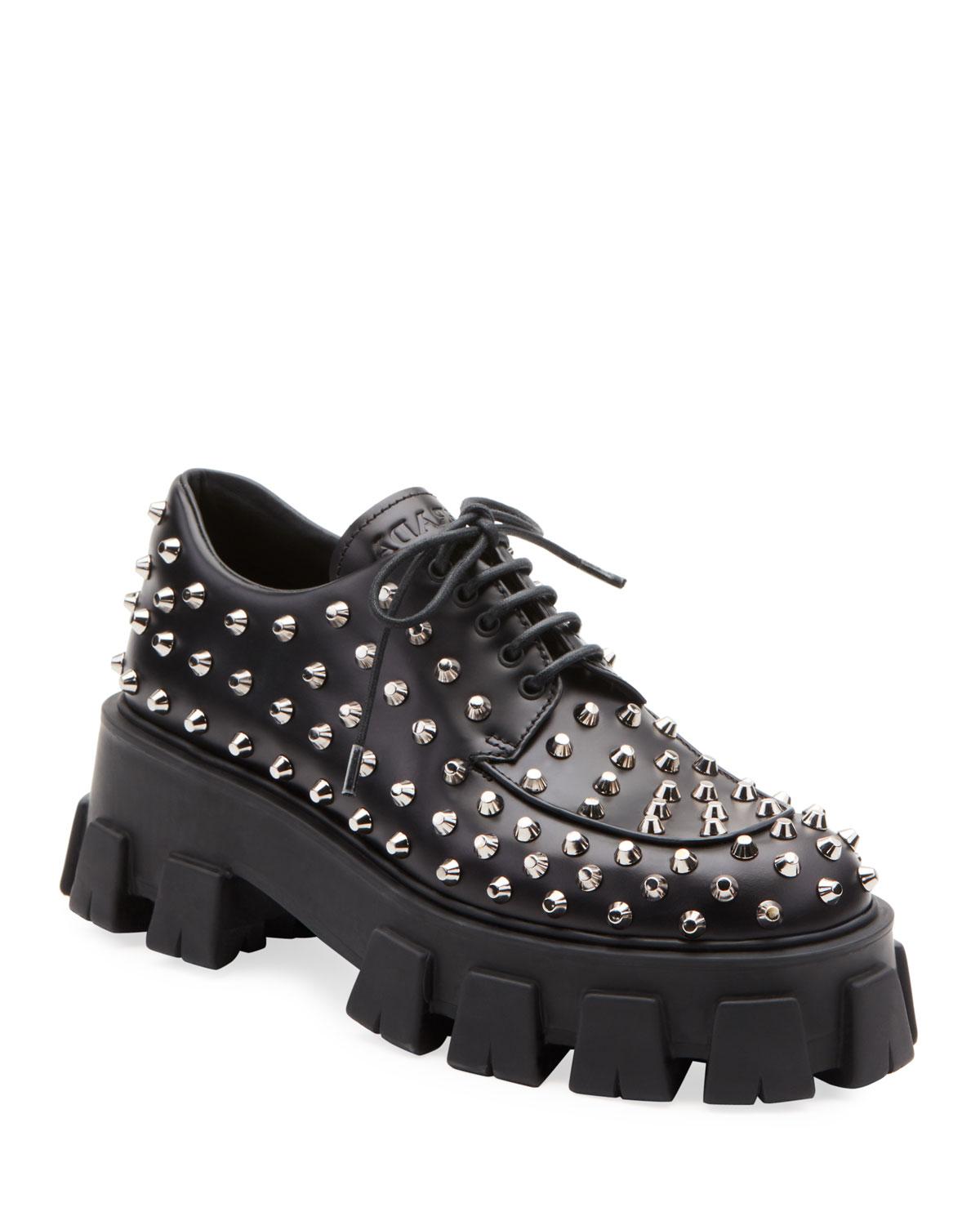 Prada Studded Leather Derby Shoes in Black - Lyst