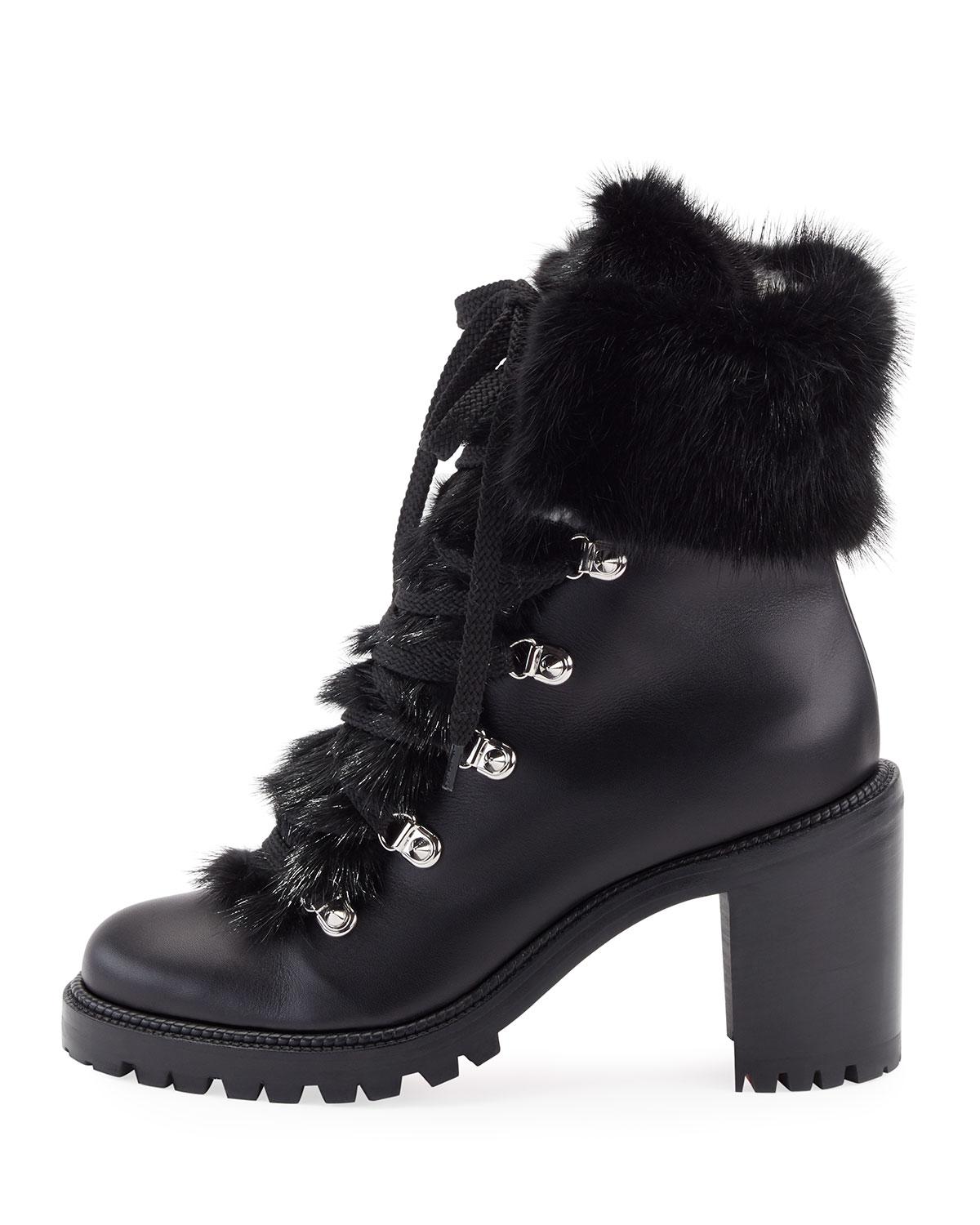 Christian Louboutin Fanny Leather Fur-trim Red Sole Combat Boot in Black - Lyst