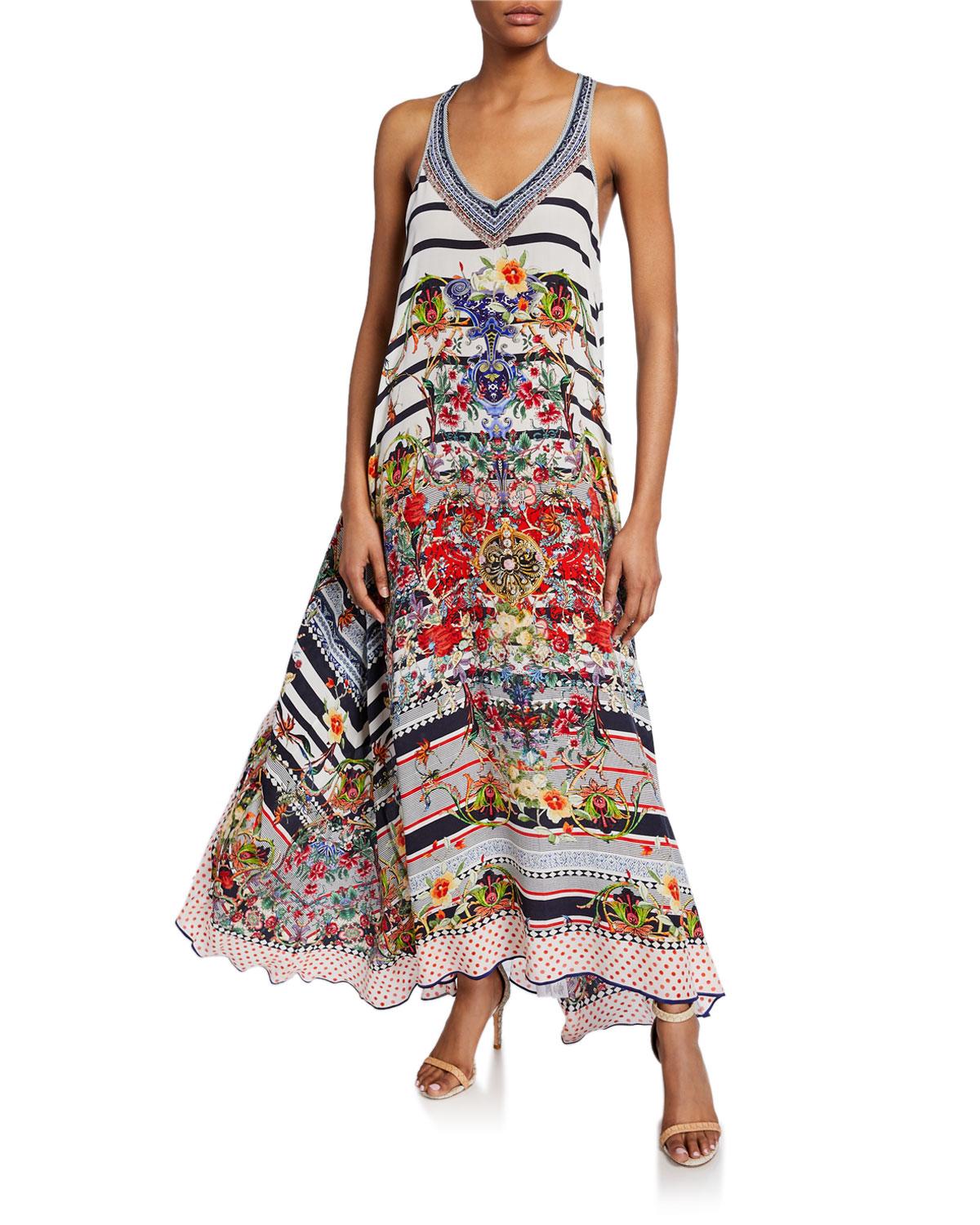 Lyst - Camilla Mixed-print V-neck Racerback Silk Maxi Dress