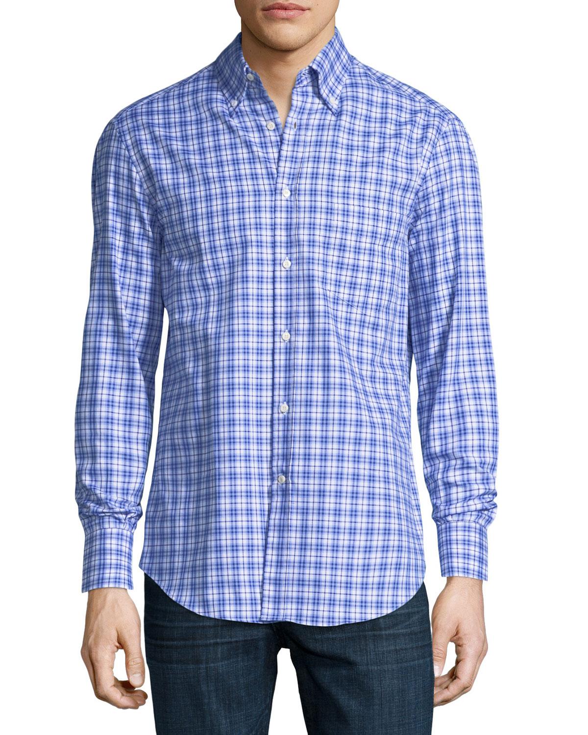 Brunello Cucinelli Panama Check Cotton Sport Shirt in Blue for Men - Lyst