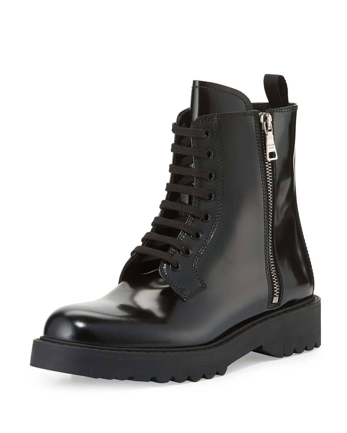 Lyst - Prada Polished Leather Combat Boot in Black