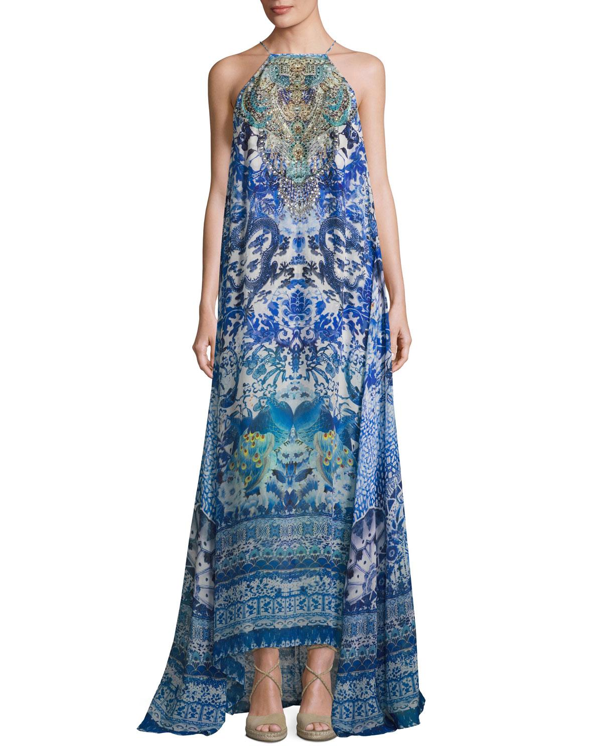 Camilla High-neck Embellished Silk Maxi Dress in Blue | Lyst