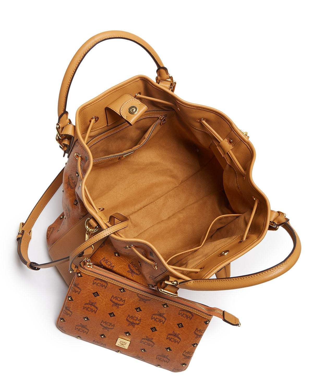 MCM Shoulder Bag - Gold Visetos Drawstring in Cognac (Brown) - Lyst