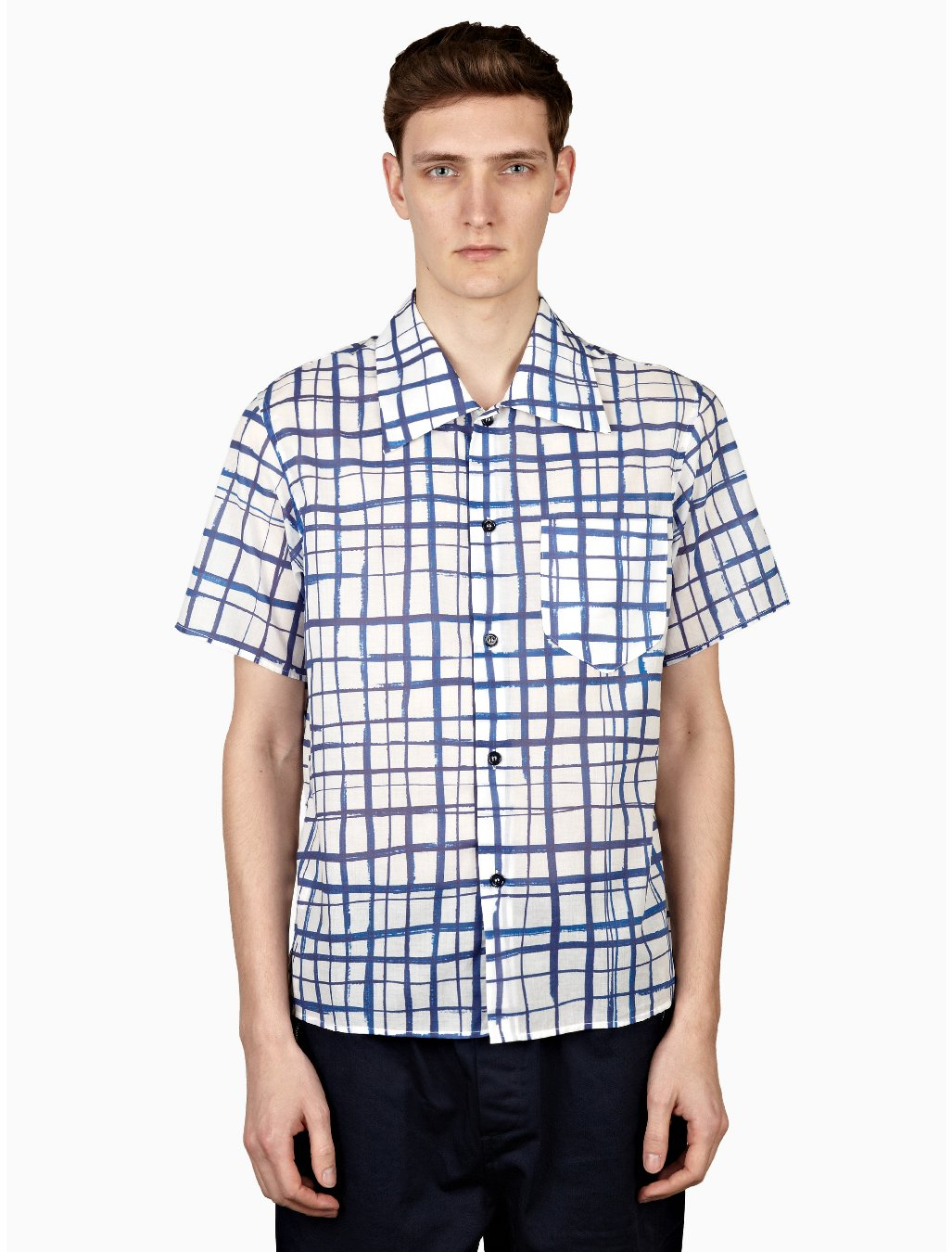 Carven Mens Blue Long Collar Cheque Print Short Sleeve Shirt in Blue ...