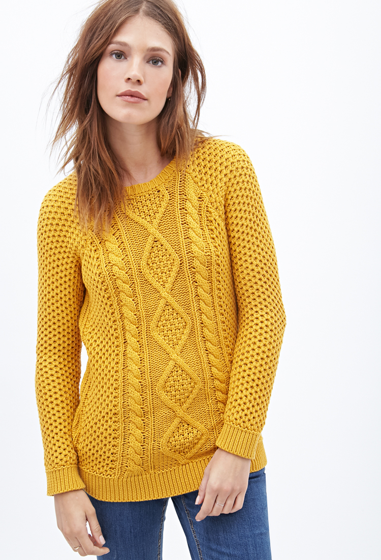Forever 21 Cable Knit Fisherman Sweater in Yellow | Lyst