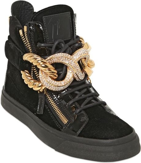 Giuseppe Zanotti 20Mm Jeweled Chain Velvet Sneakers in Black | Lyst