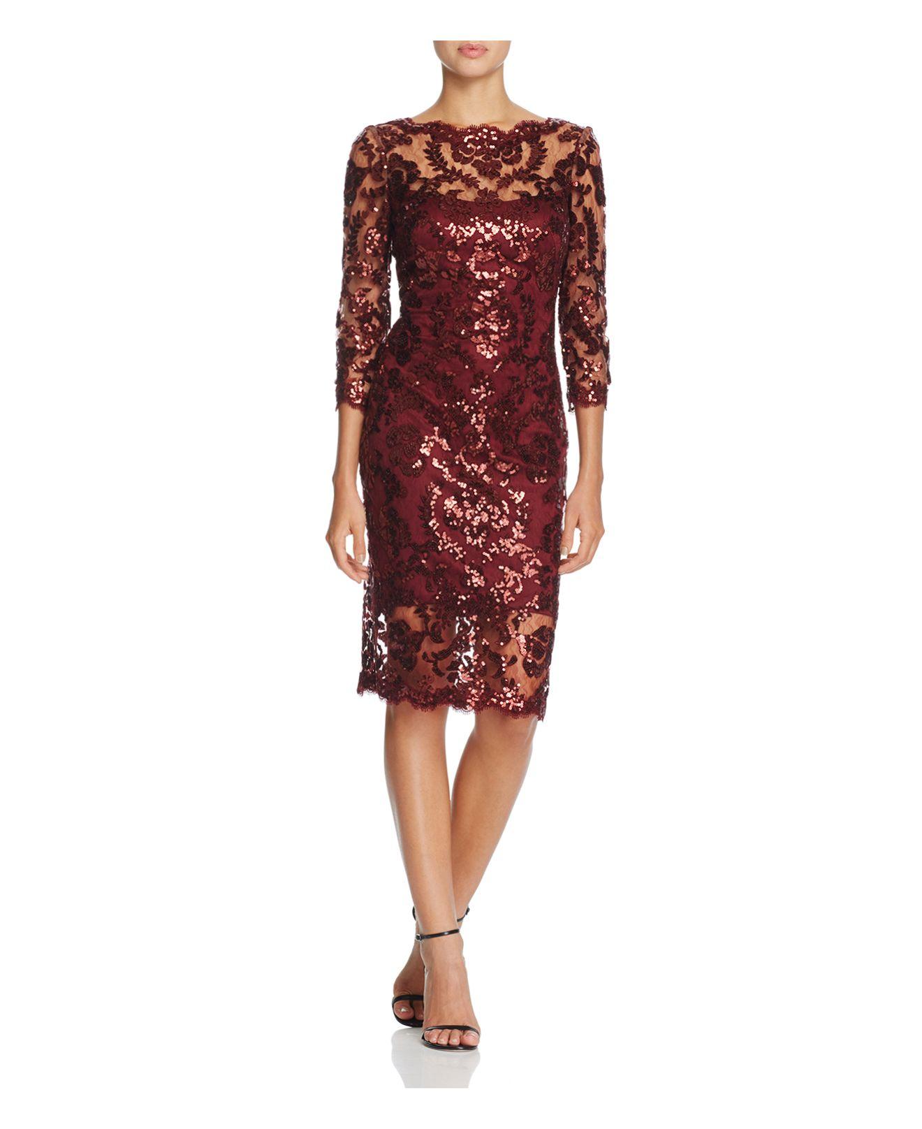 Lyst - Tadashi Shoji Three-quarter Sleeve Sequin Lace Dress in Red