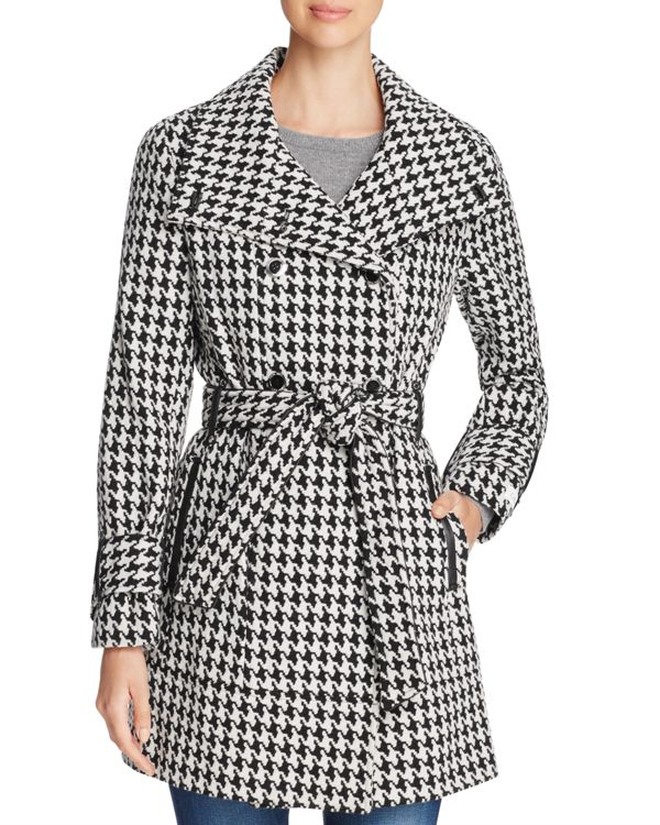 Calvin klein Belted Houndstooth Coat in Black (Black/White) | Lyst