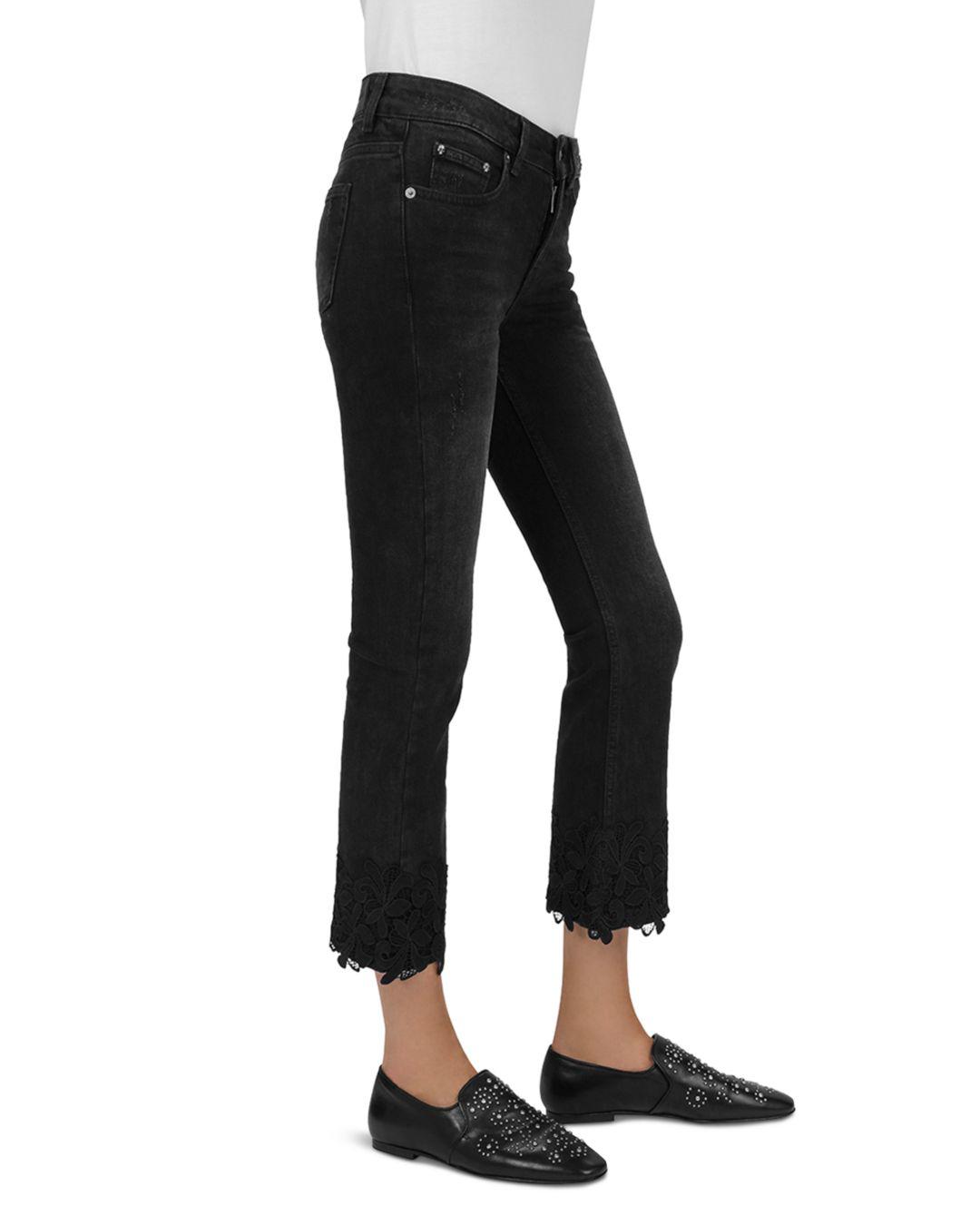 Lyst - The Kooples Lace Hem Cropped Flare Jeans In Black Washed in Black