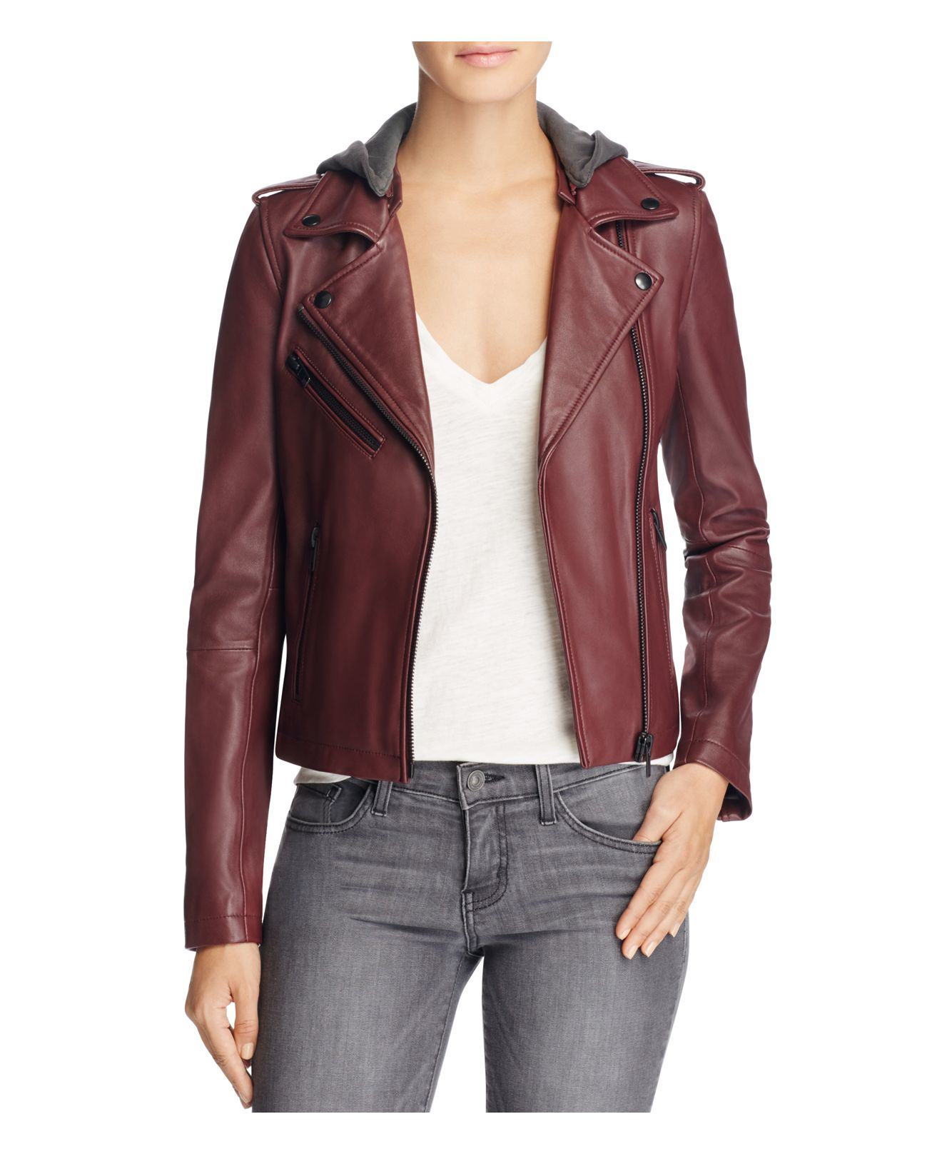 Linea Pelle Hooded Leather Moto Jacket in Red - Lyst