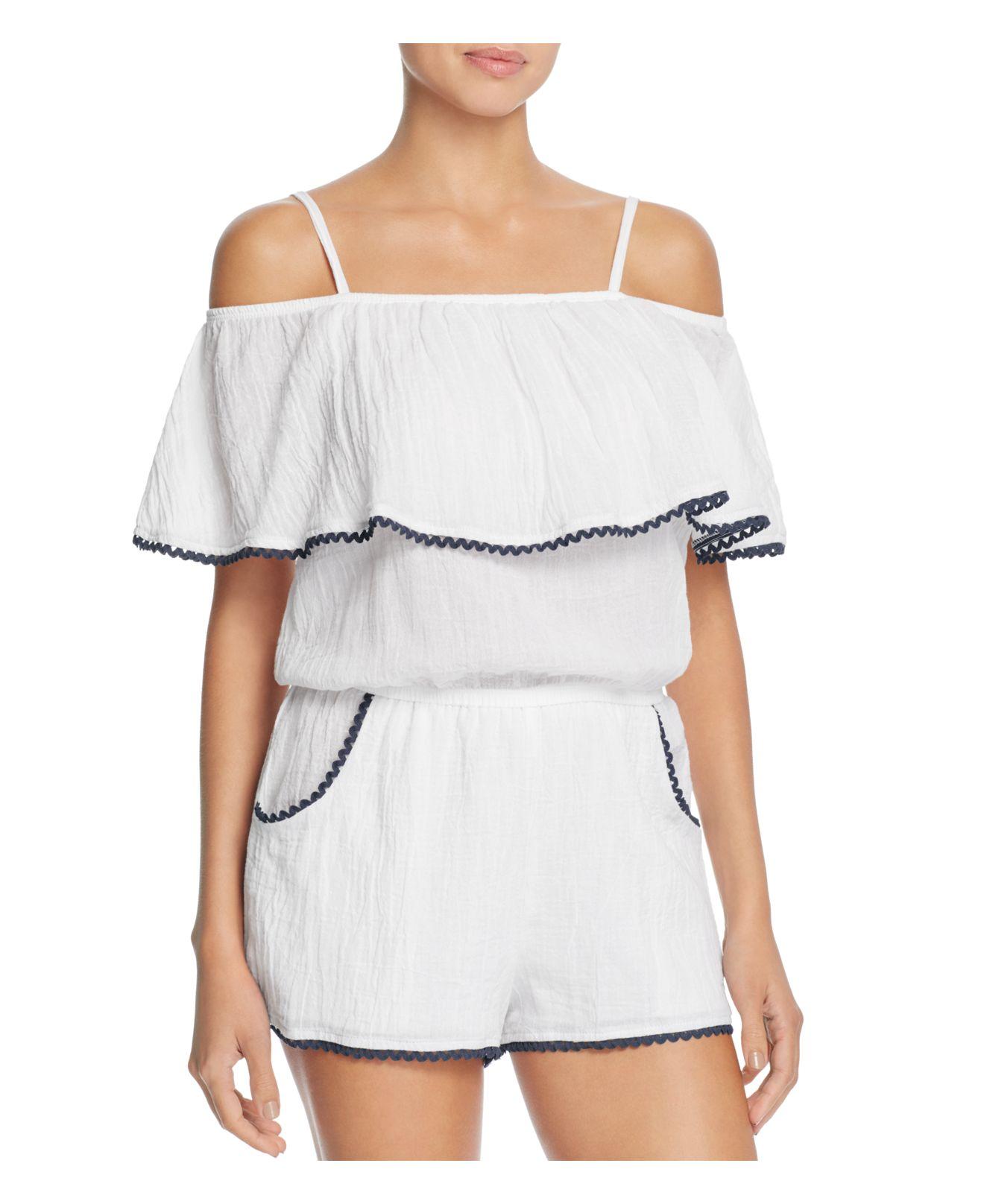 Lyst Becca Inspired Off The Shoulder Swim Coverup Romper in White