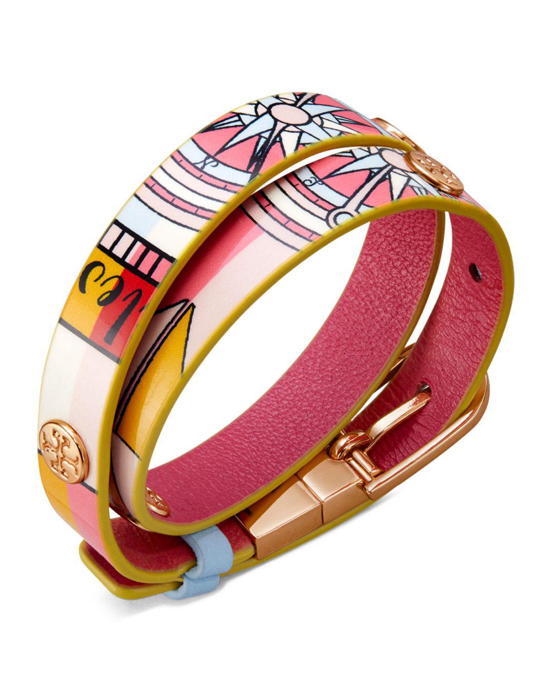 Lyst - Tory Burch Printed Reversible Leather Wrap Bracelet in Pink
