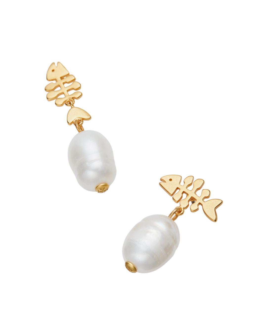 Lyst Tory Burch Fish And Pearl Drop Earrings 961 Earrings in Metallic