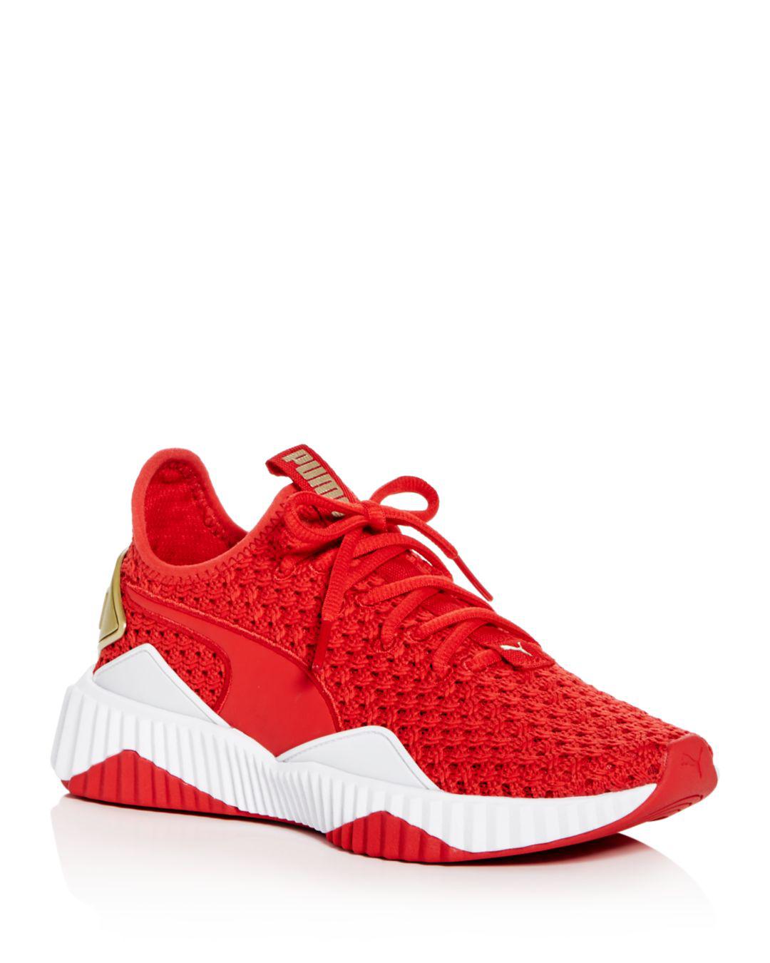 Puma Ribbon Red Womens Defy Varsity Knit Lace Up Sneakers 