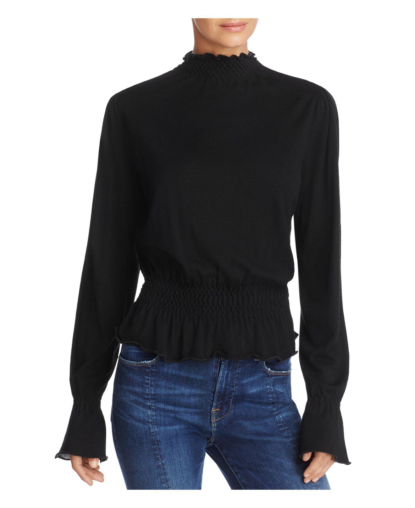 Download FRAME Smocked Mock Neck Merino Wool Sweater in Black - Lyst