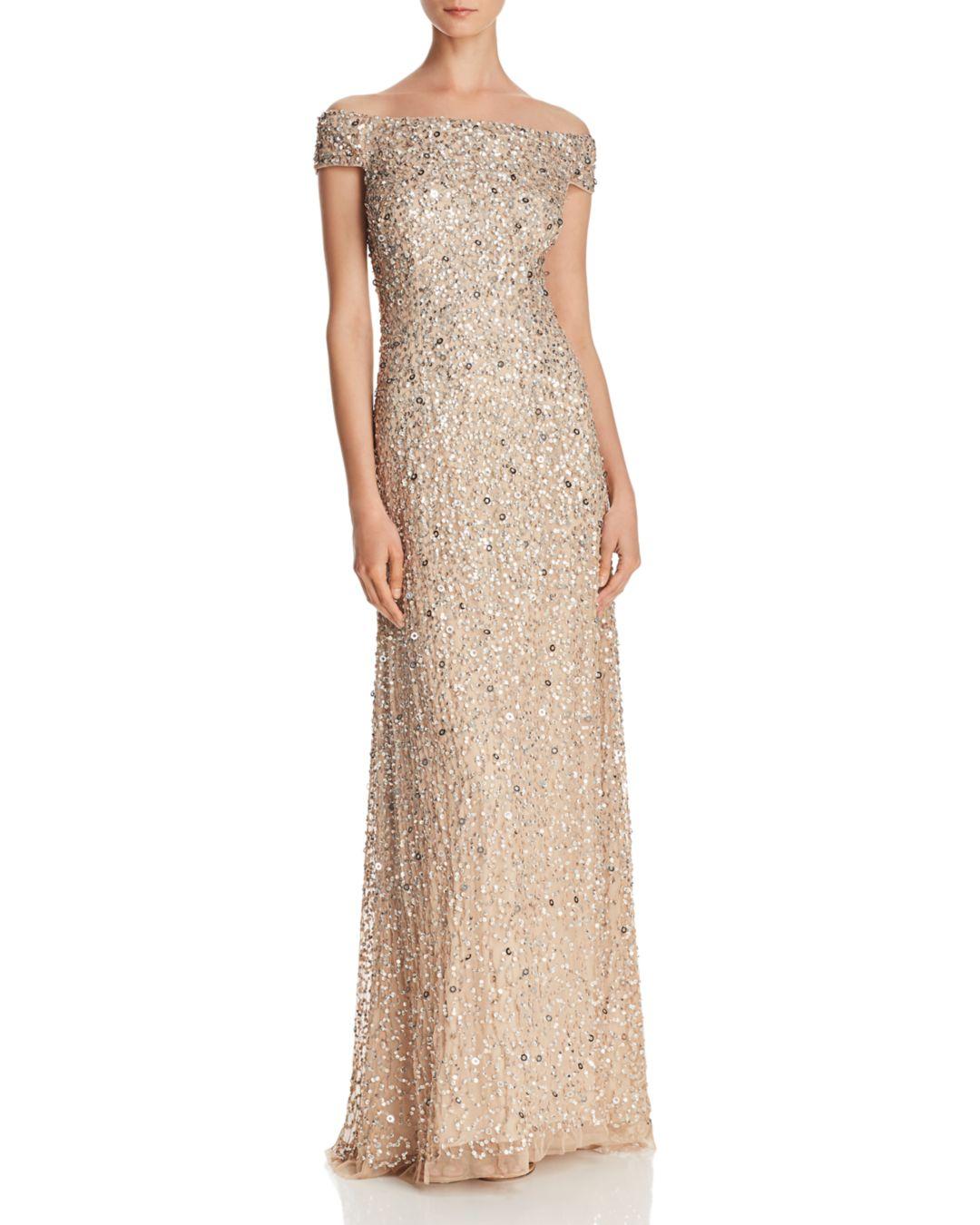 Lyst - Adrianna Papell Off-the-shoulder Sequined Gown in Metallic