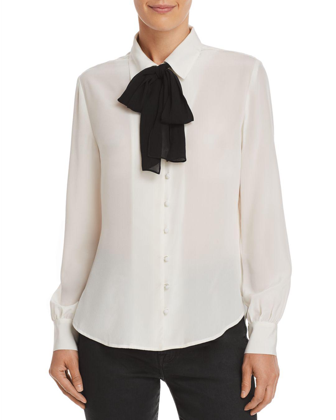FRAME Silk Bow Tie Blouse in White - Lyst
