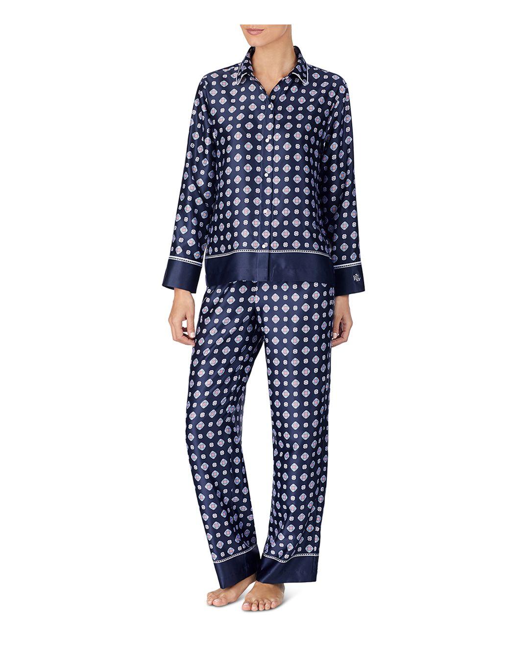 Lauren by Ralph Lauren Satin Rounded Collar Pajama Set in Blue Print ...