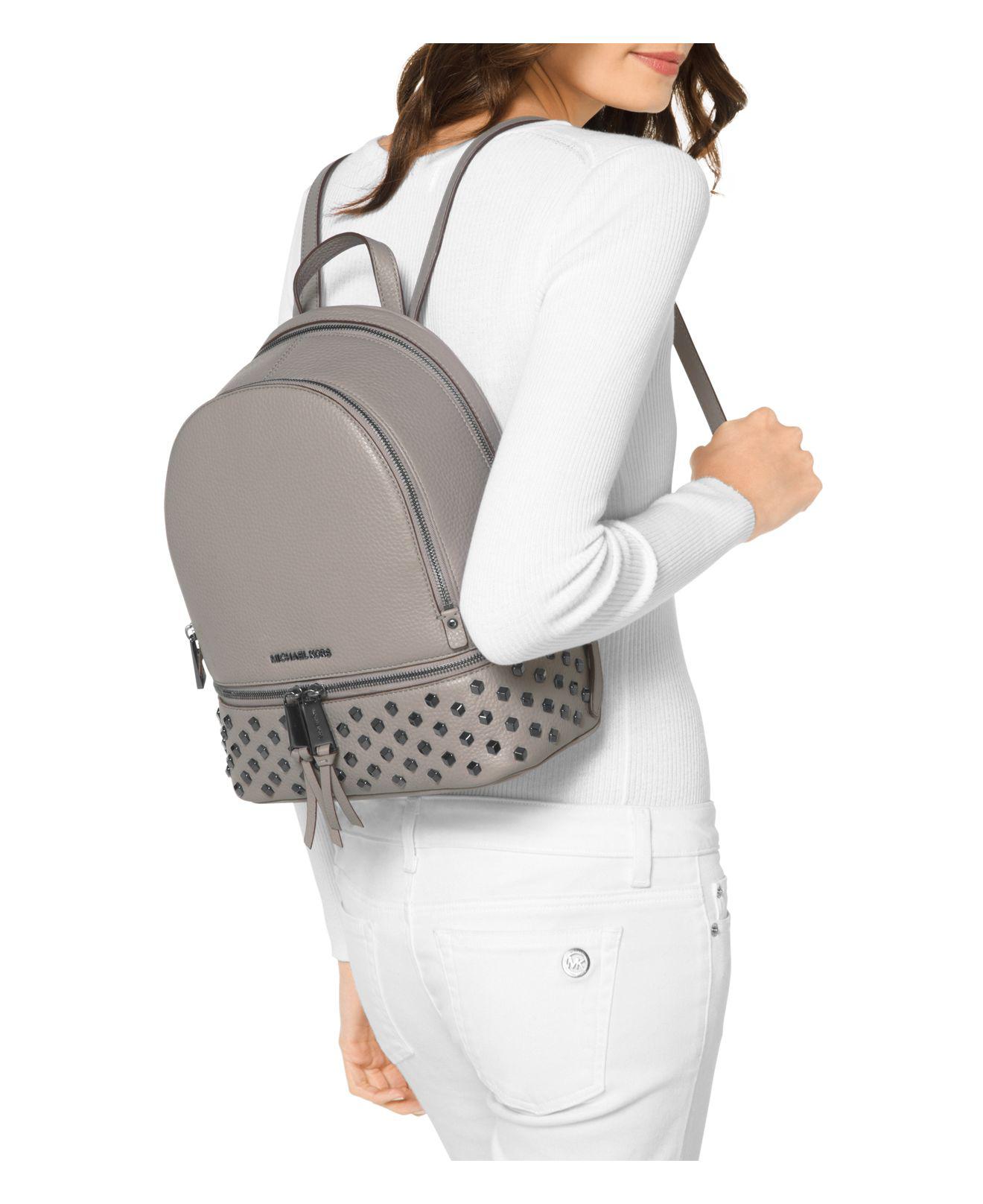 Michael Kors outlet Pearl Grey Rhea Studded Pebbled Leather Backpack