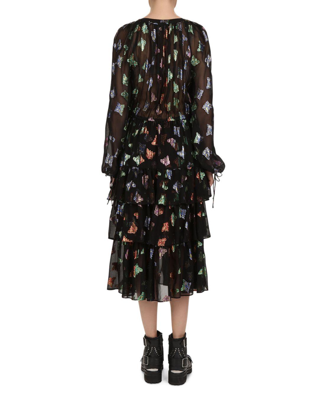 The Kooples Silk Metallic Butterfly Motif Midi Dress in Black - Lyst